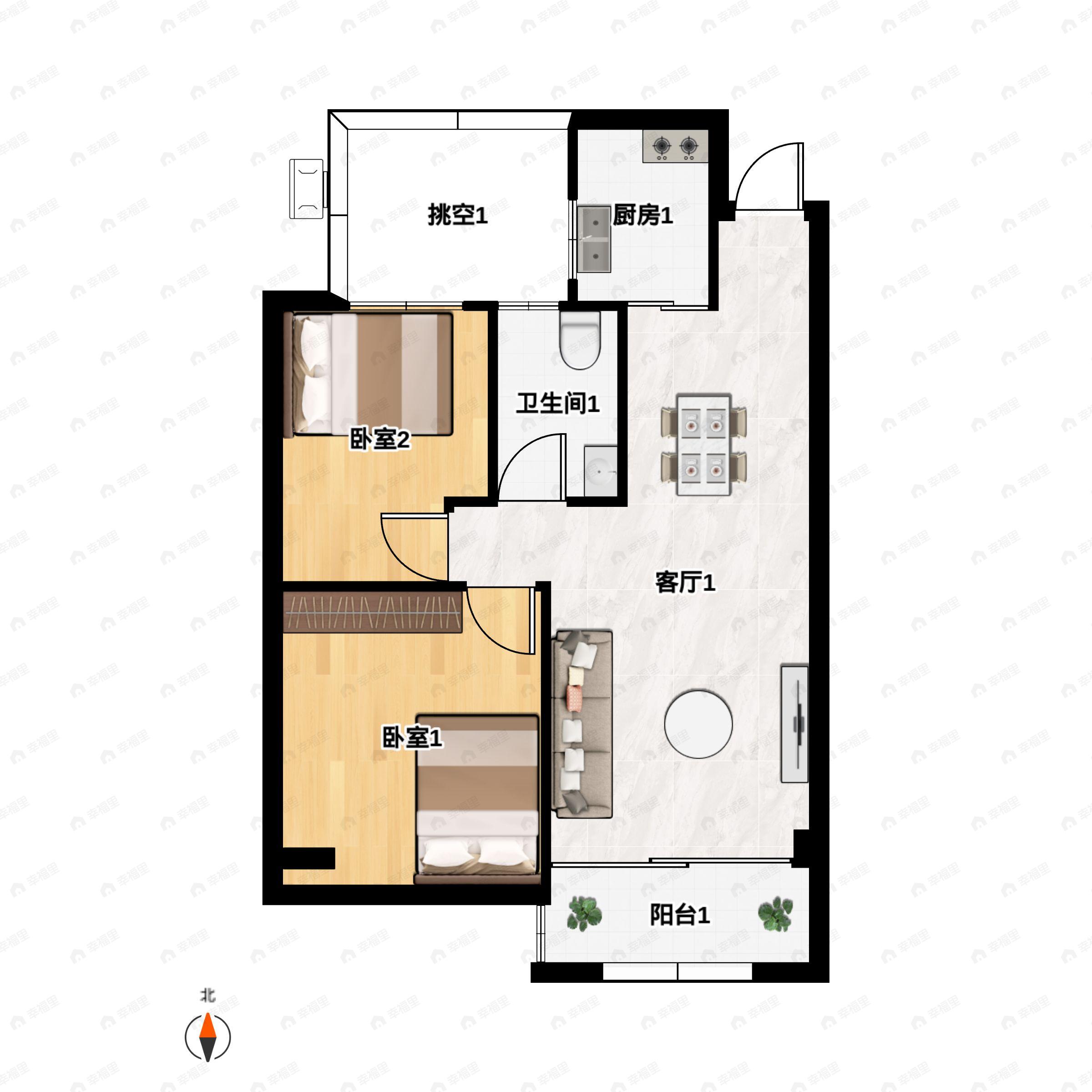 2室2厅1卫建面76平户型图
