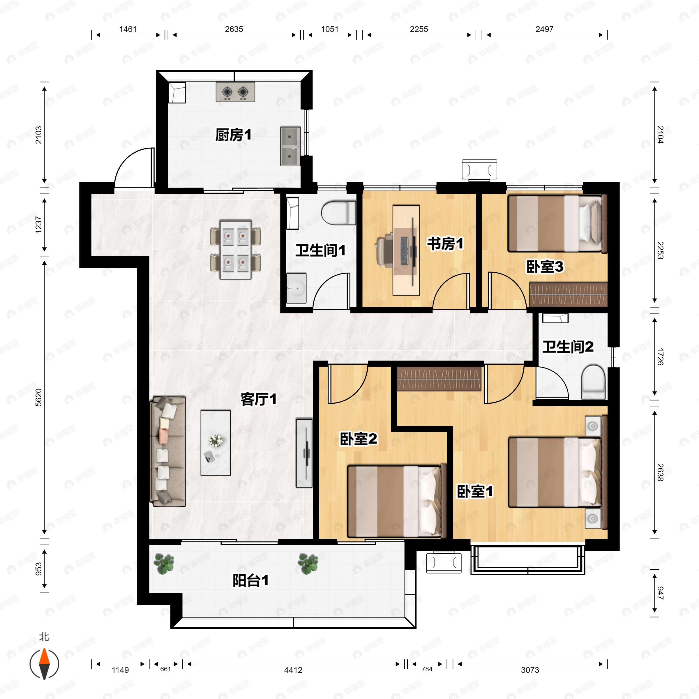 4室2厅2卫建面134平南户型图