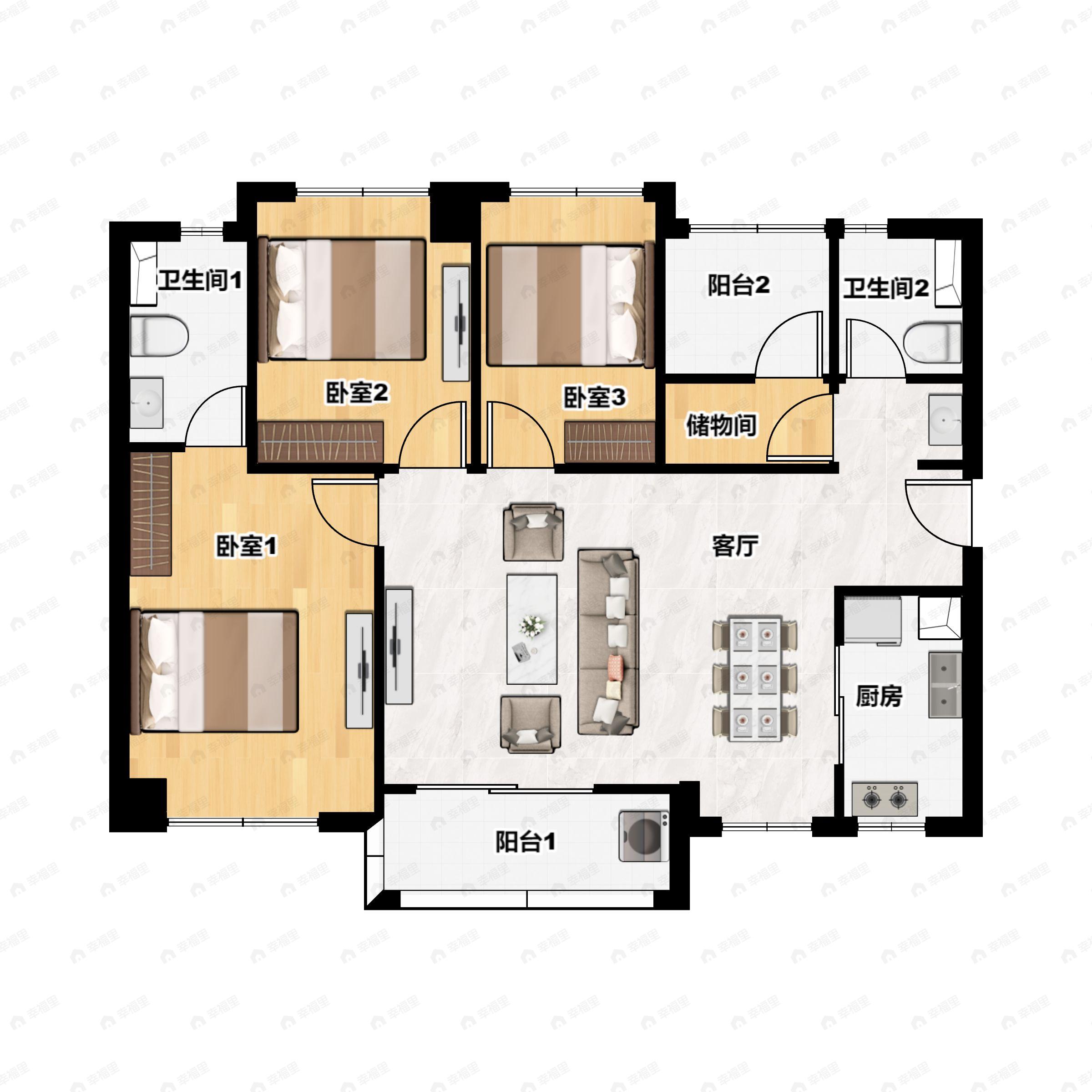 3室2厅2卫建面103平南户型图