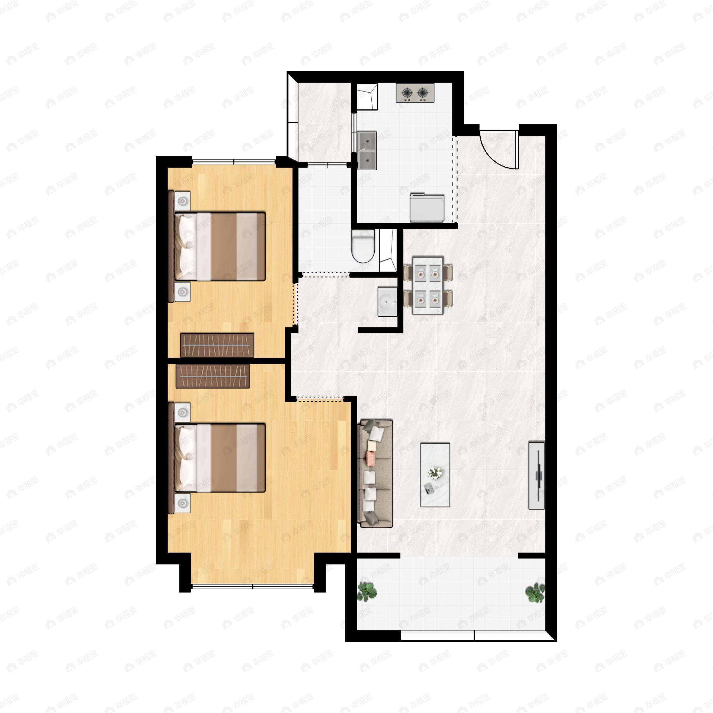 2室2厅1卫建面76m²南户型图