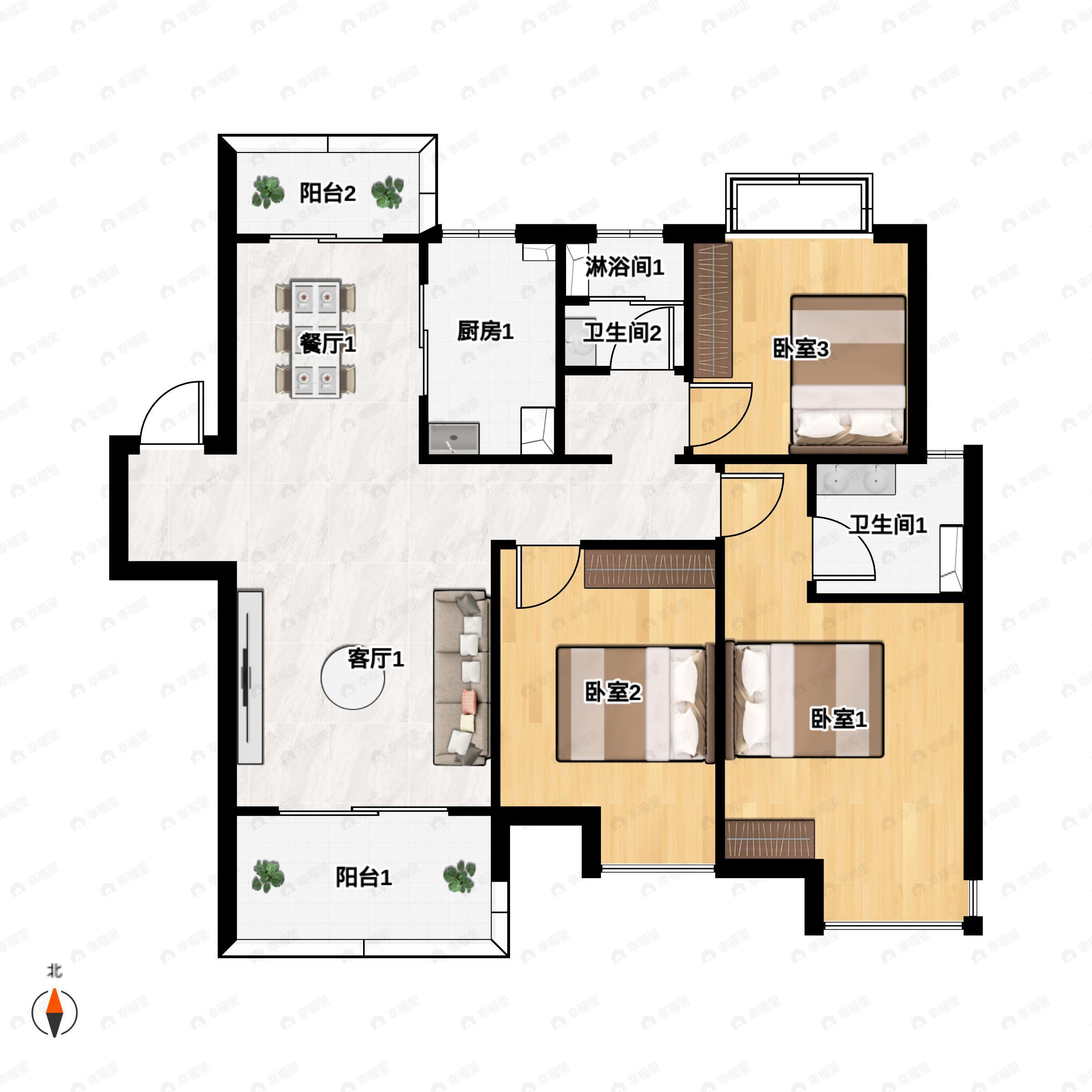 3室2厅2卫建面114平户型图