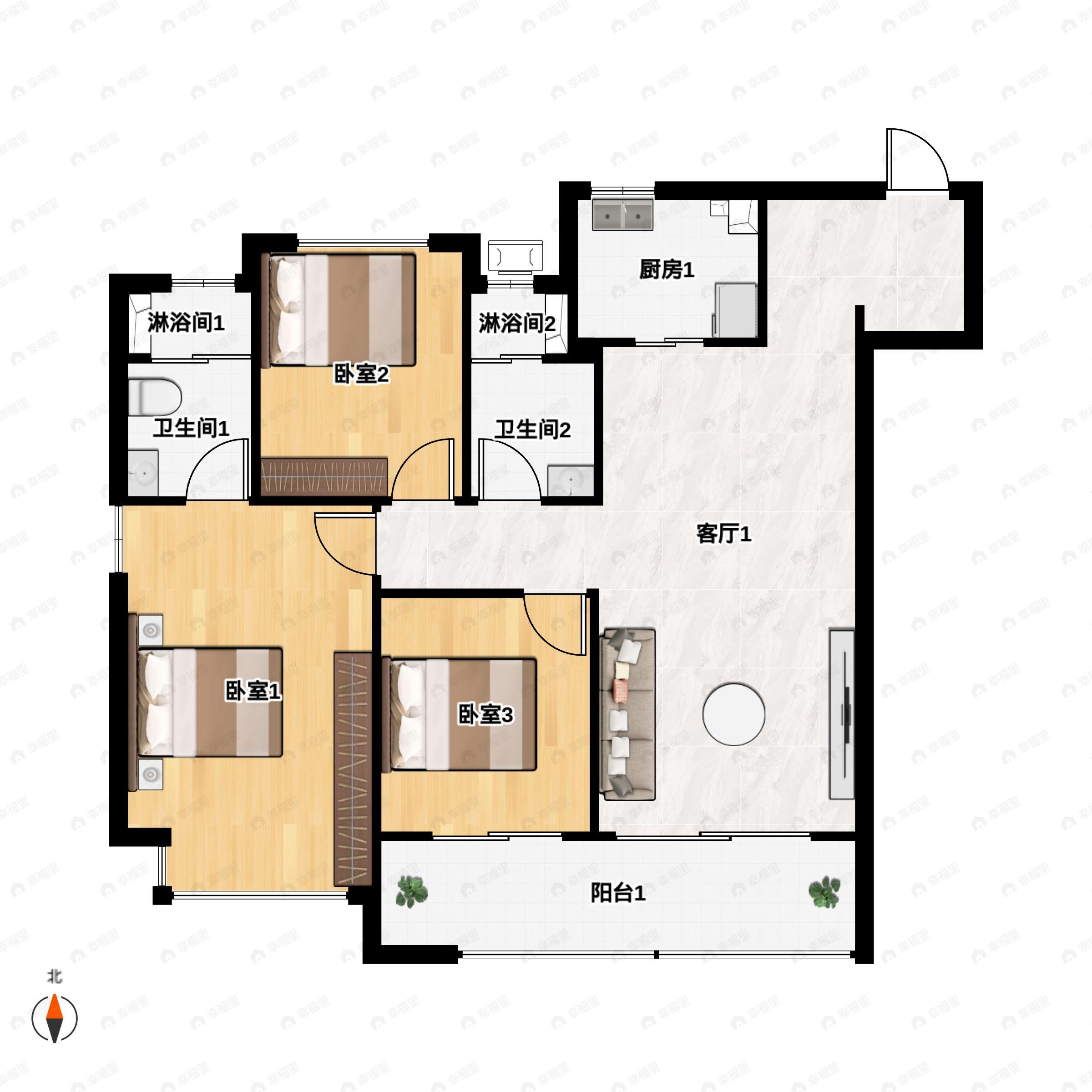 3室2厅2卫建面118平户型图