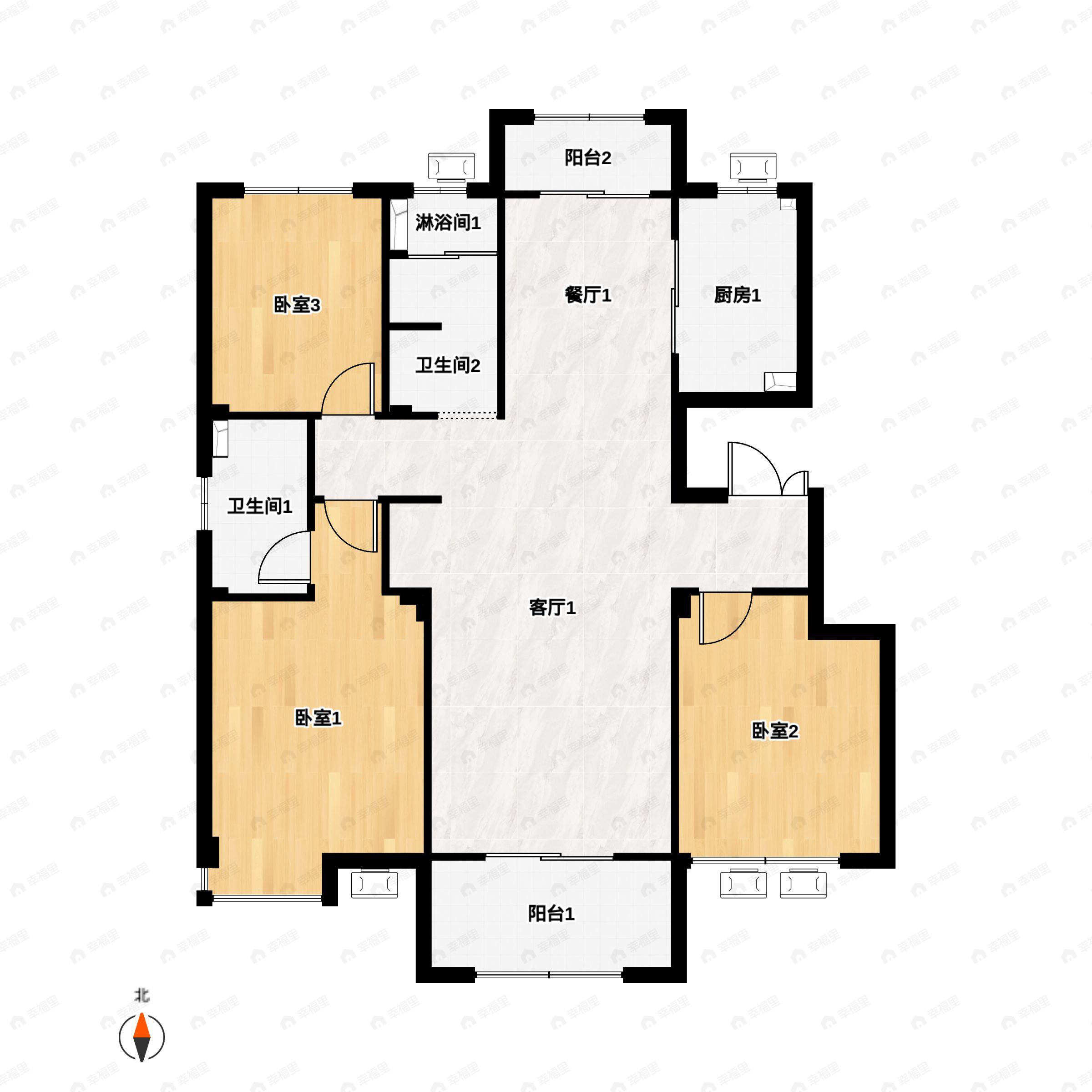 3室2厅2卫建面128平南户型图