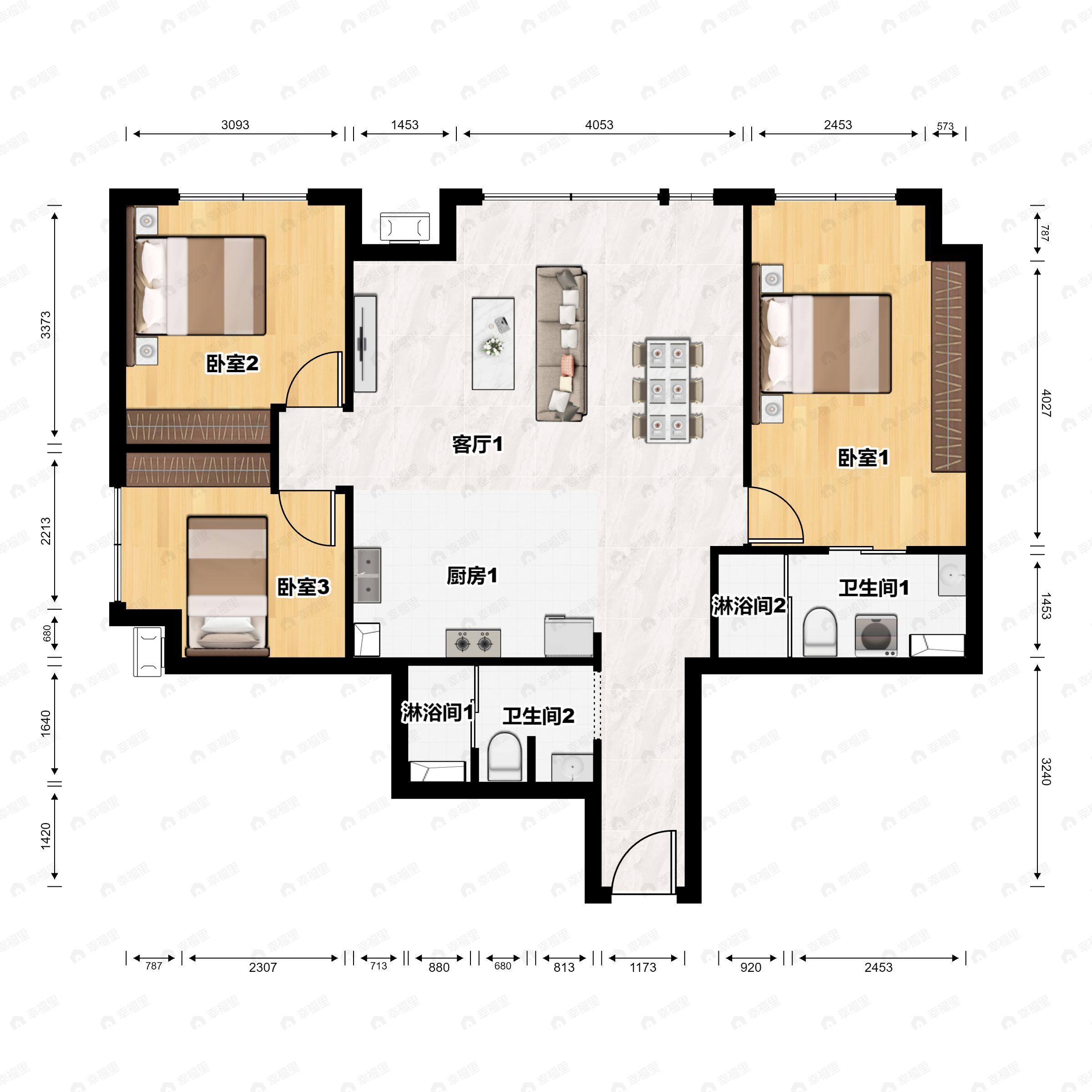 3室2厅2卫建面142平北户型图