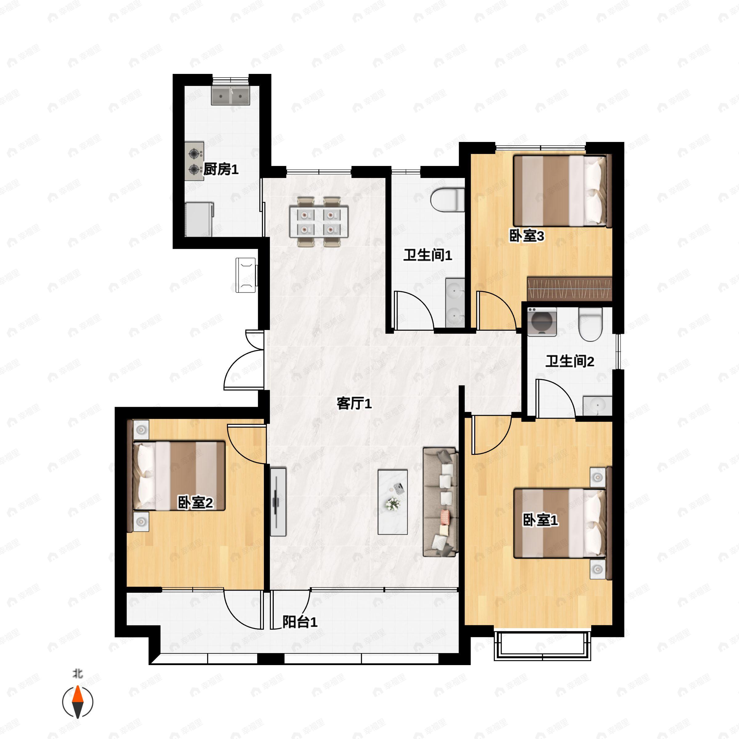 3室2厅2卫建面133平南|北户型图