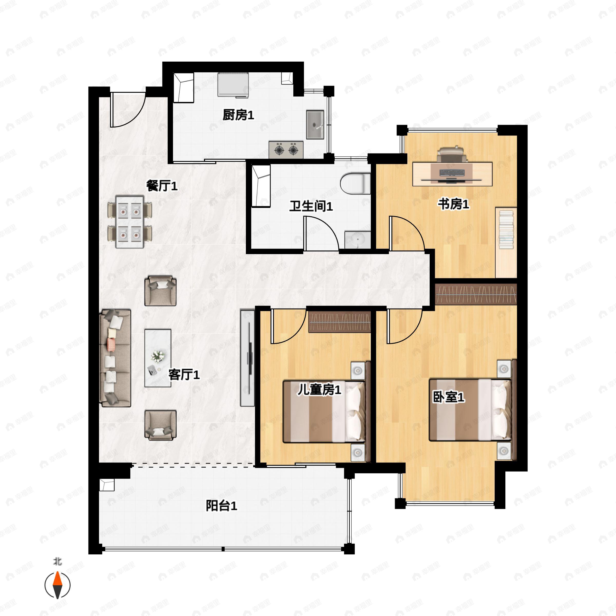 3室2厅1卫建面93m²南户型图
