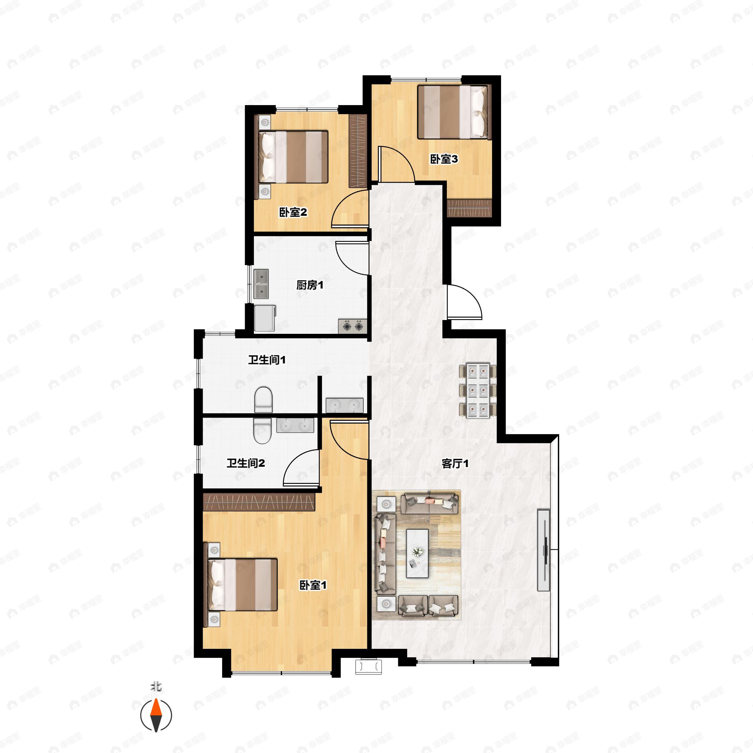 3室2厅2卫建面113平南户型图