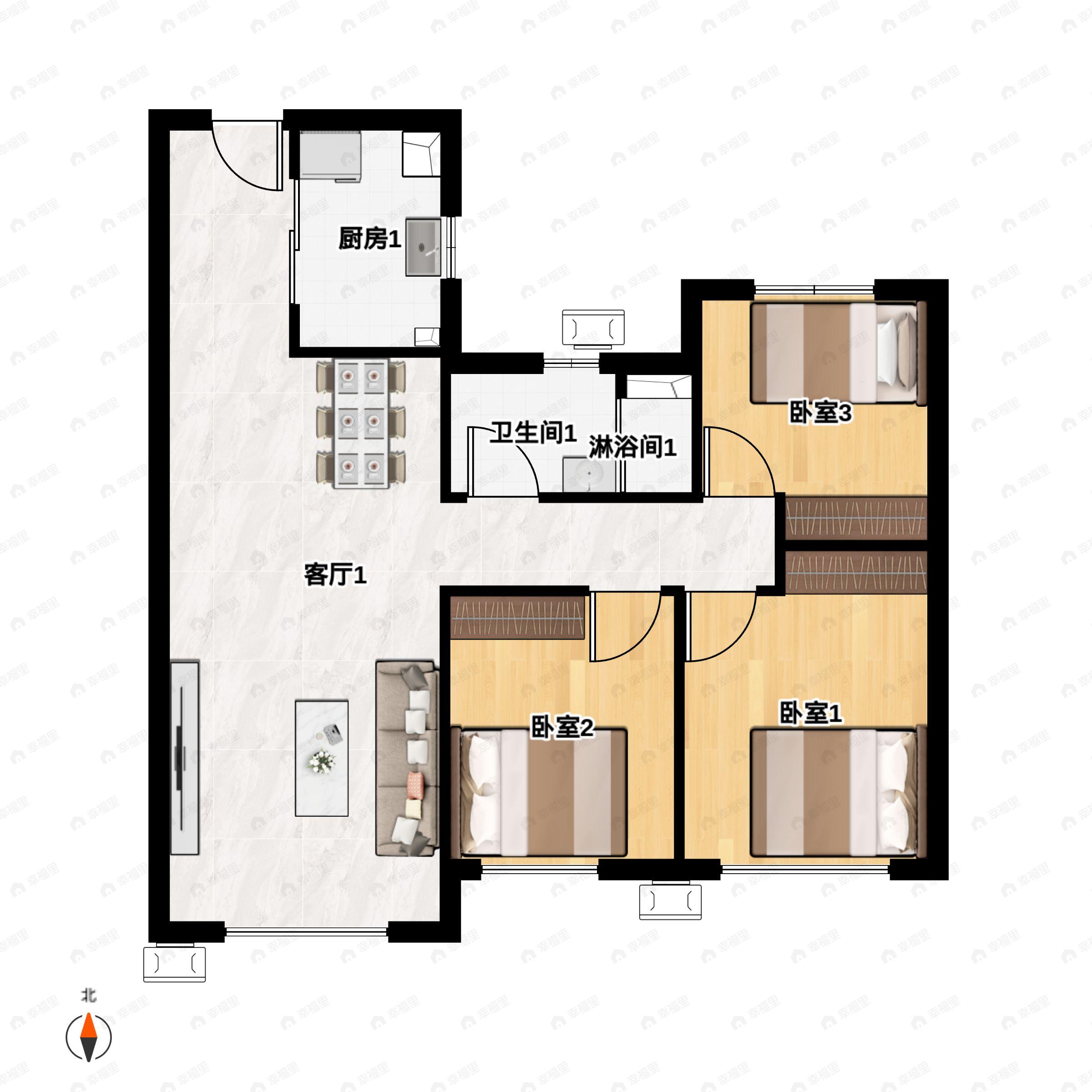 3室2厅1卫建面98平南|北户型图