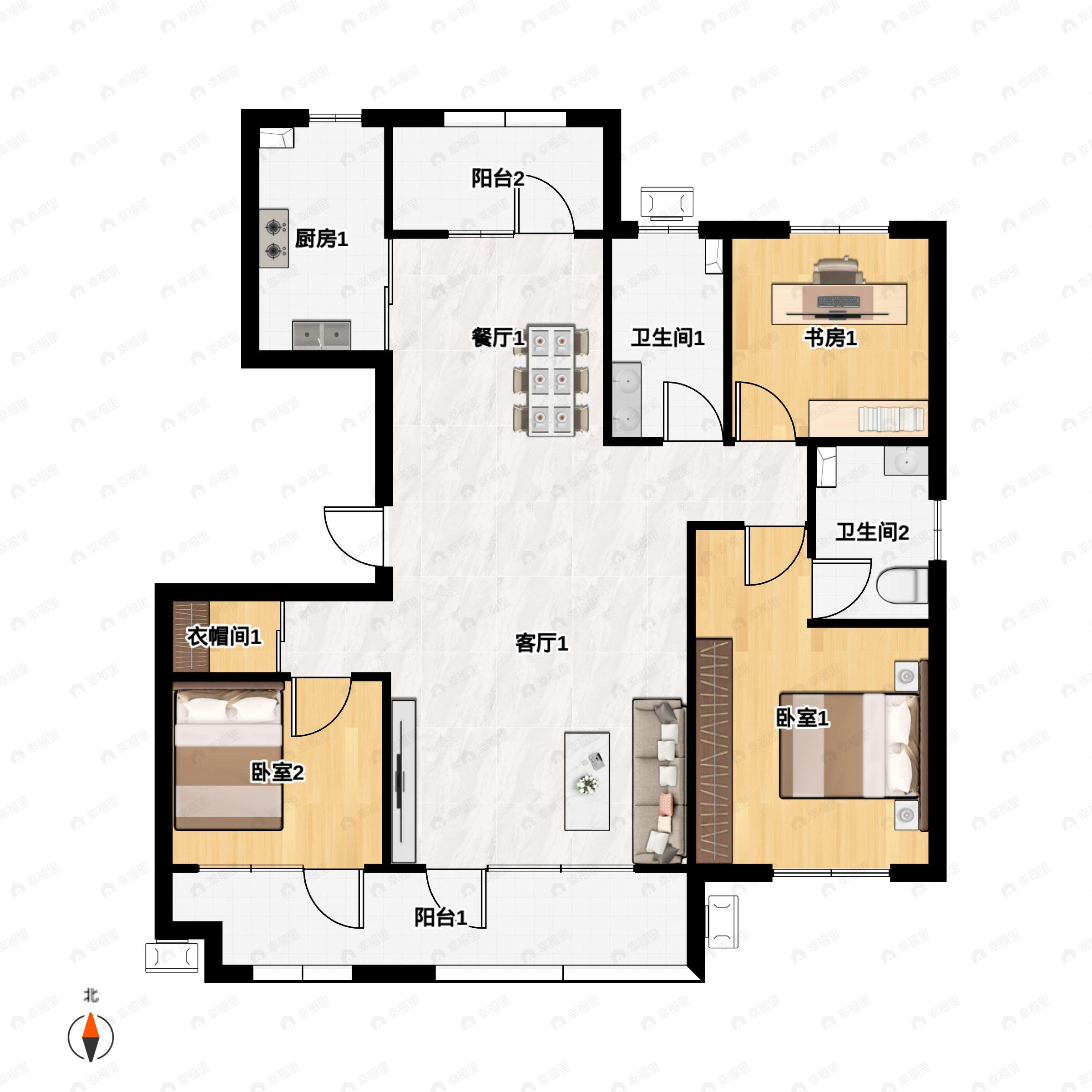 3室2厅2卫建面121平户型图