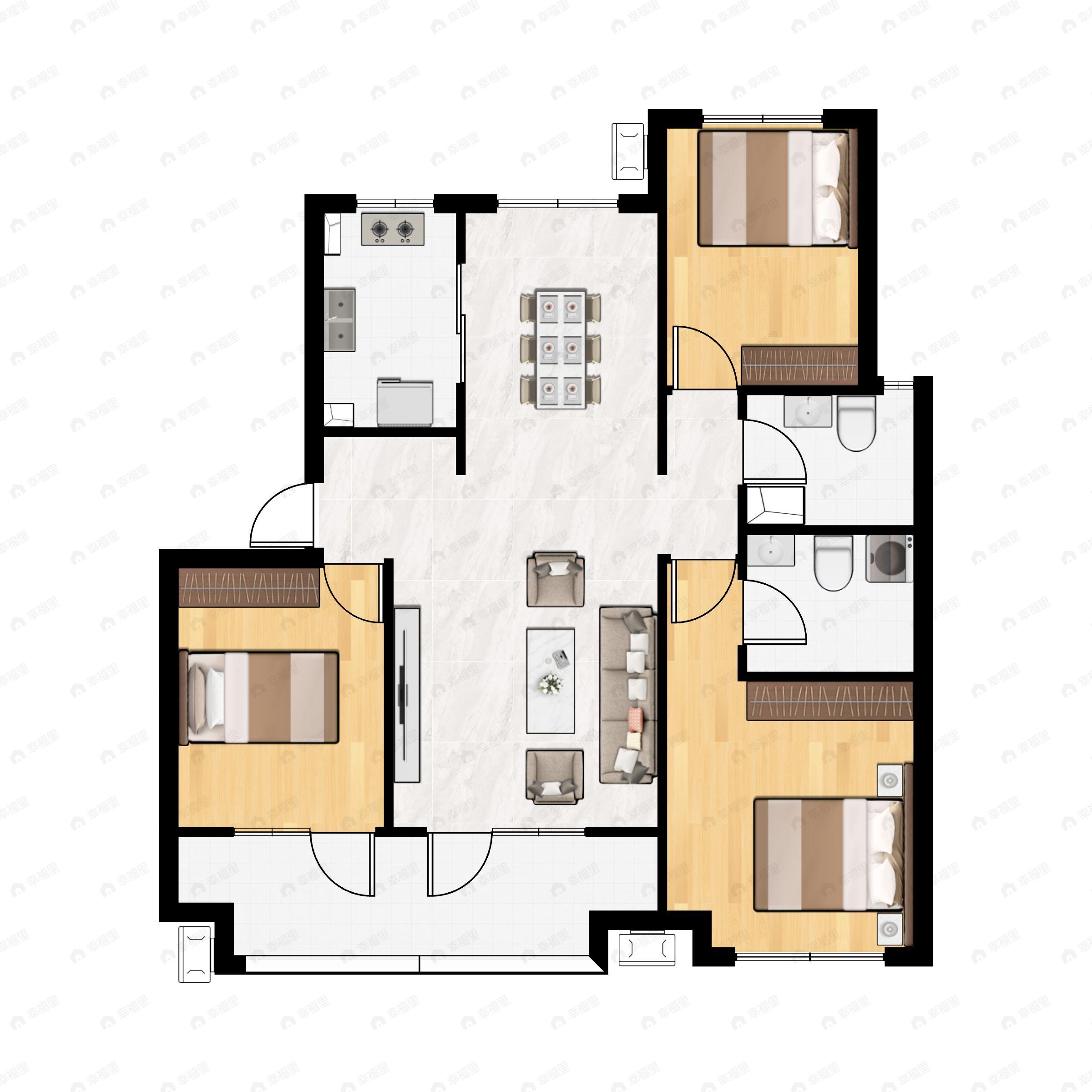 3室2厅2卫建面127平南户型图