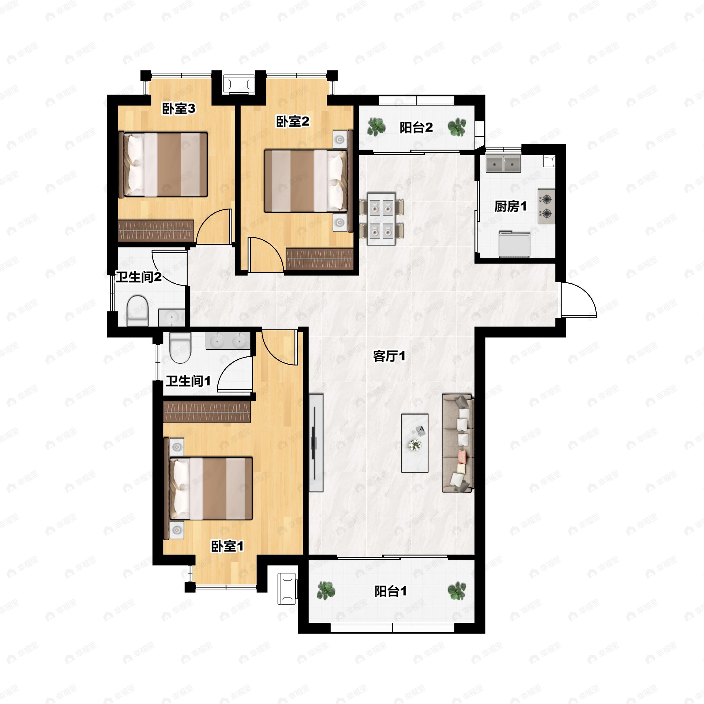 3室2厅2卫建面130m²南户型图
