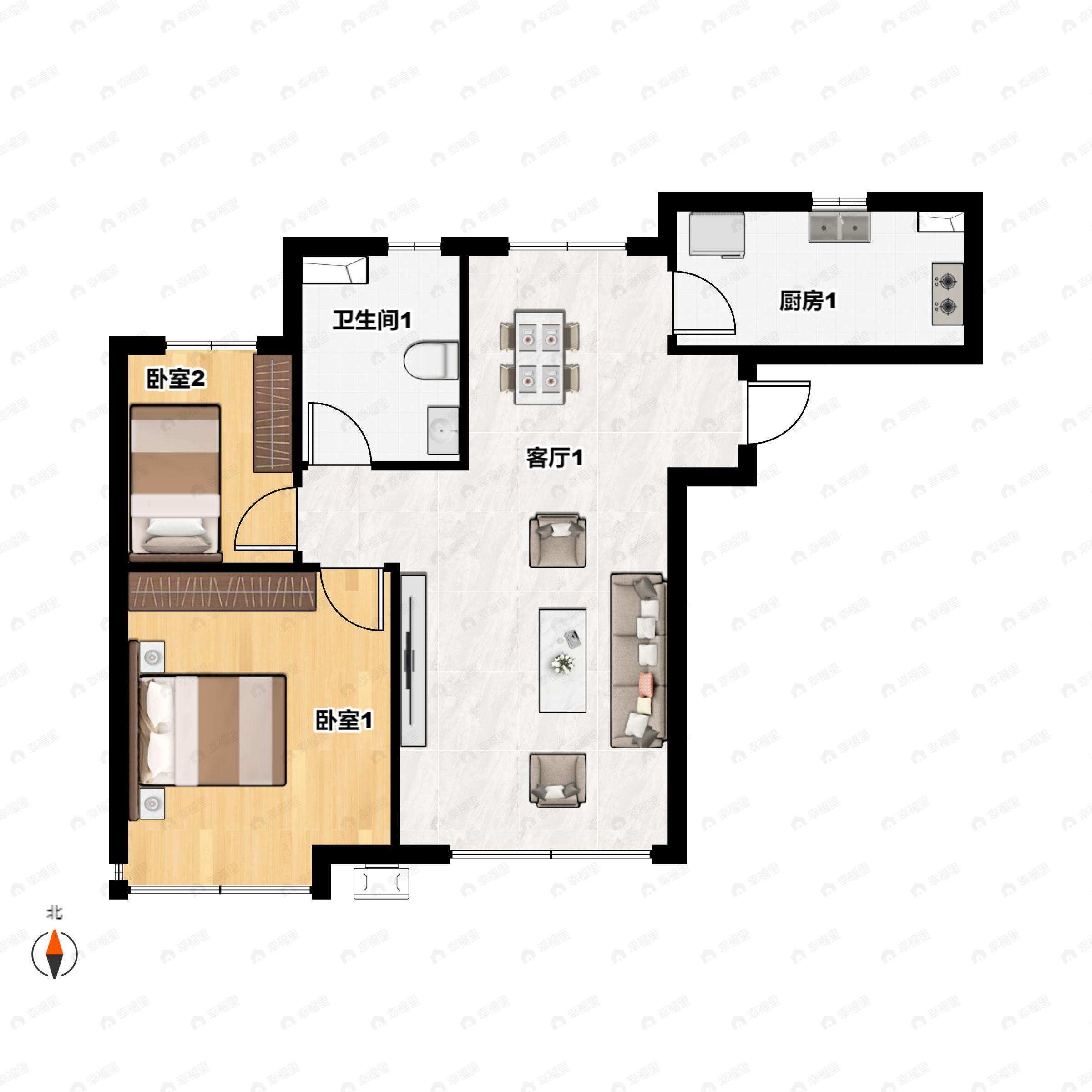 2室2厅1卫建面73平南户型图