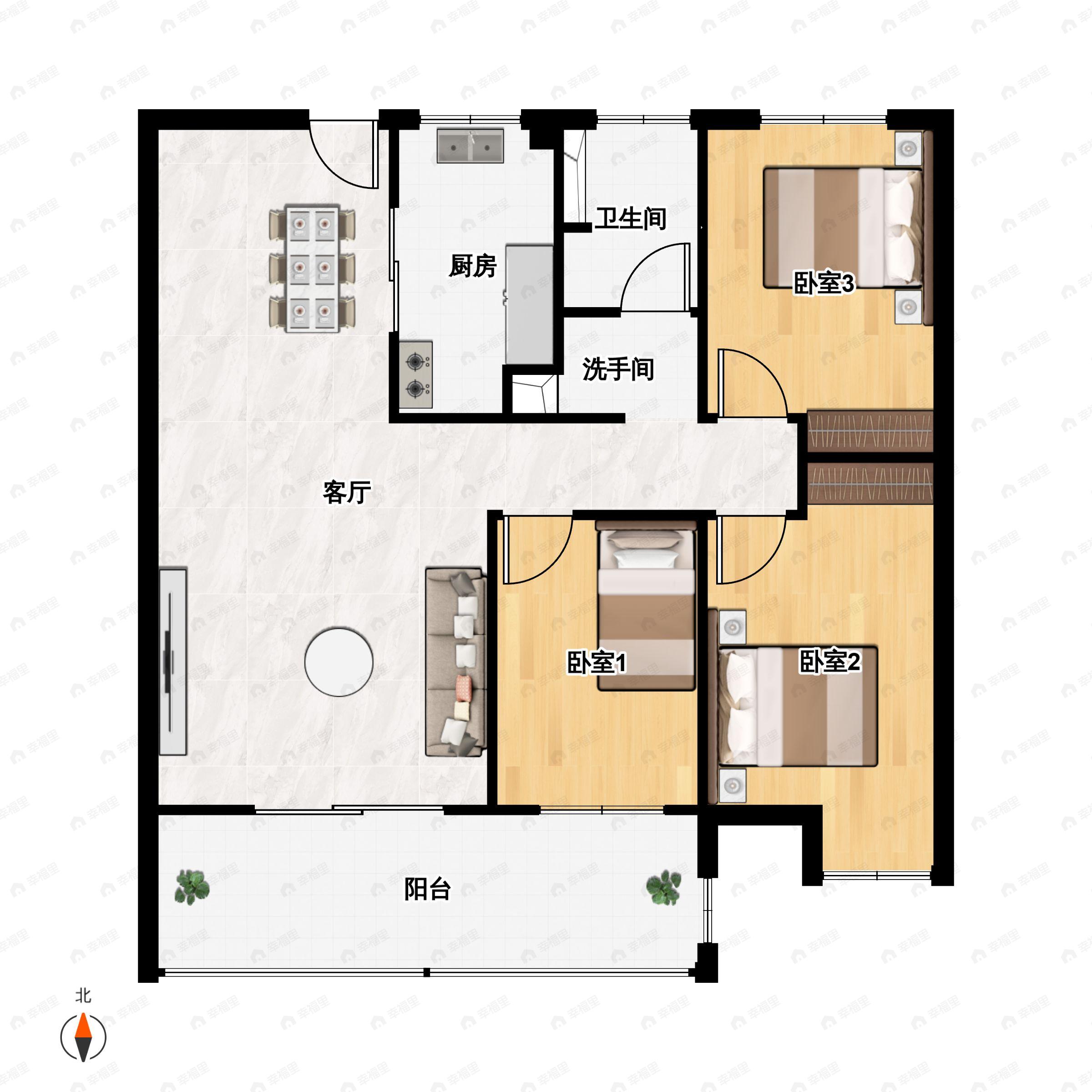 3室2厅1卫建面105m²南户型图
