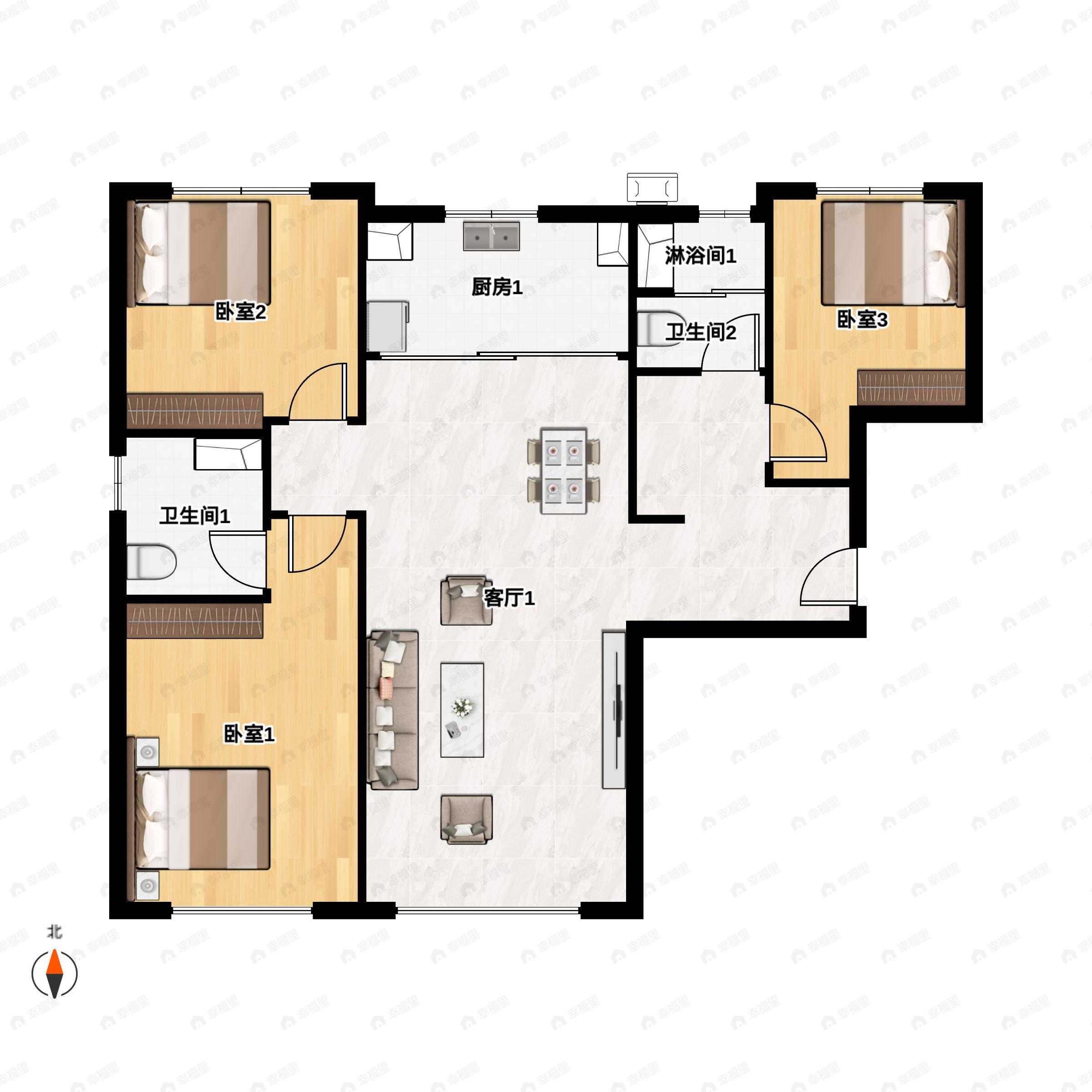 3室2厅2卫建面100平户型图