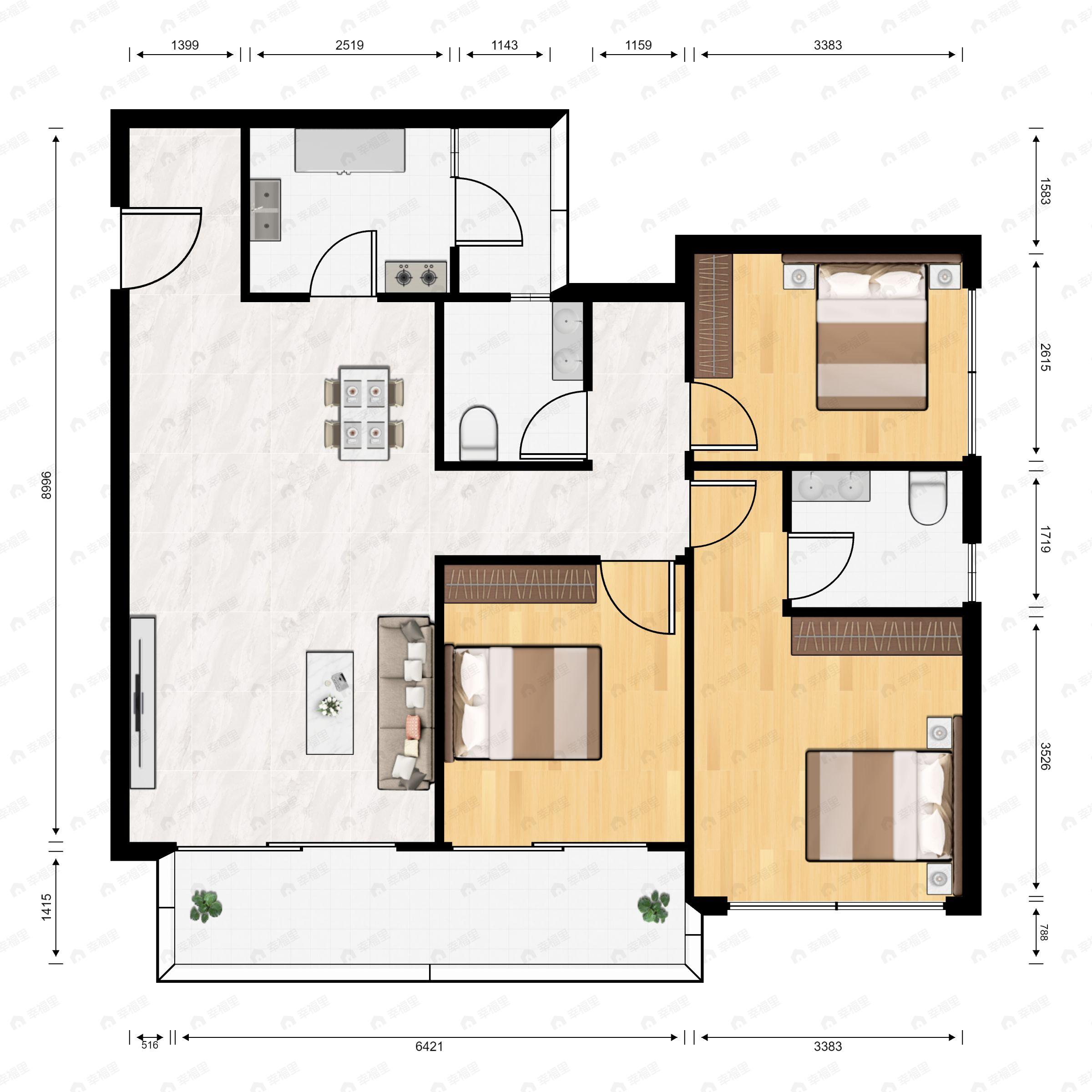 3室2厅2卫建面106m²东北户型图