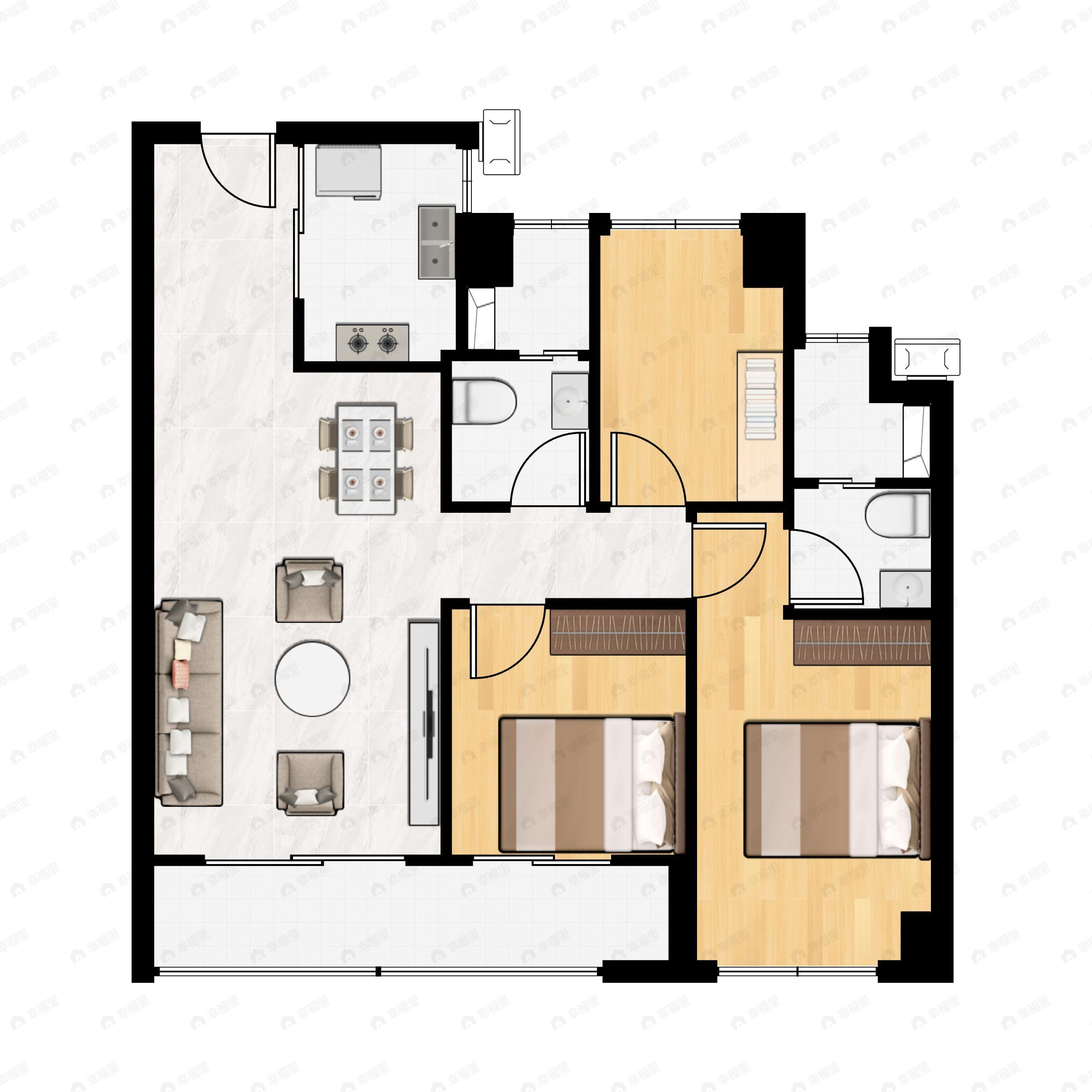 3室2厅2卫建面109m²南户型图
