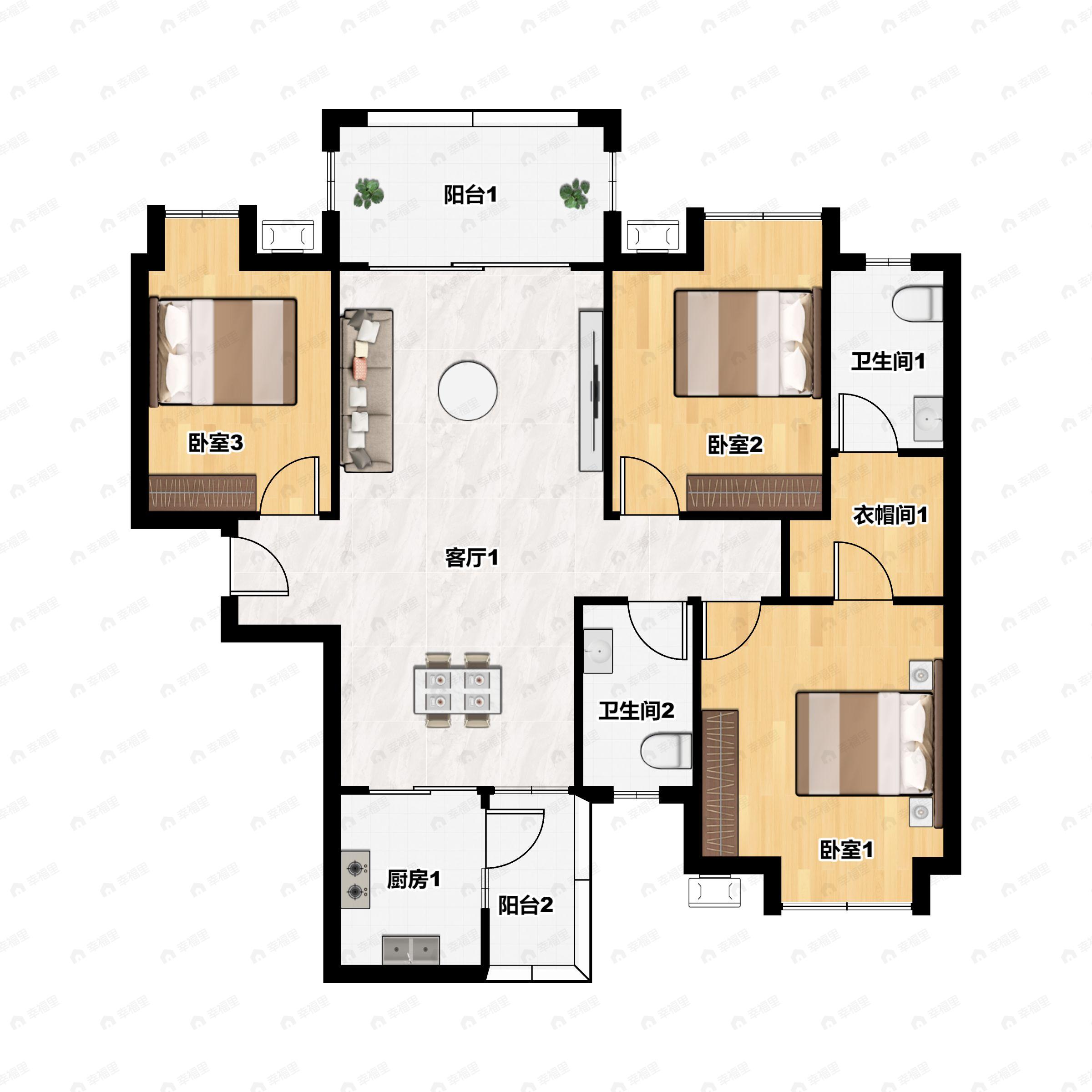 3室2厅2卫建面121m²南户型图