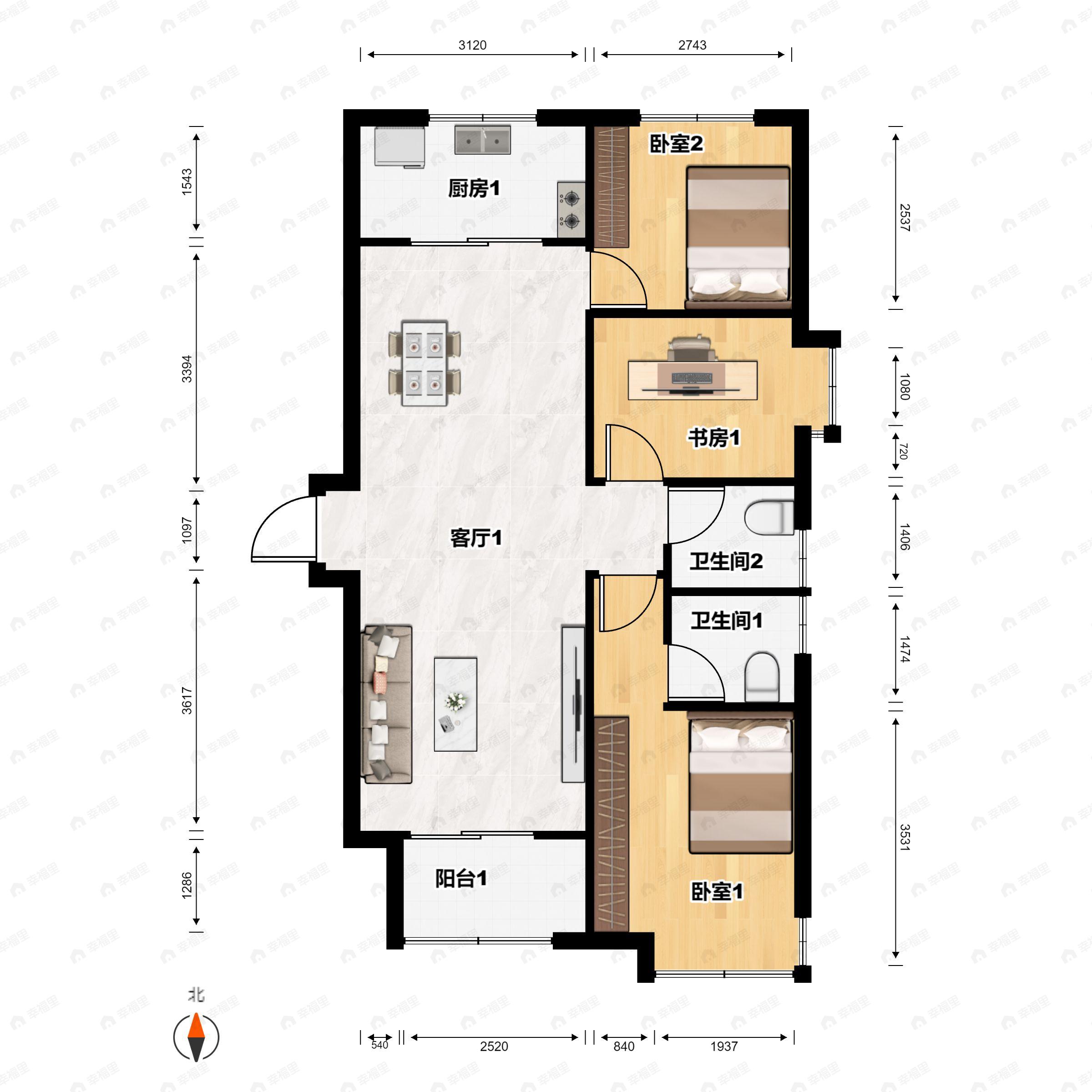 泽龙阳光国际B区3室2厅2卫户型图
