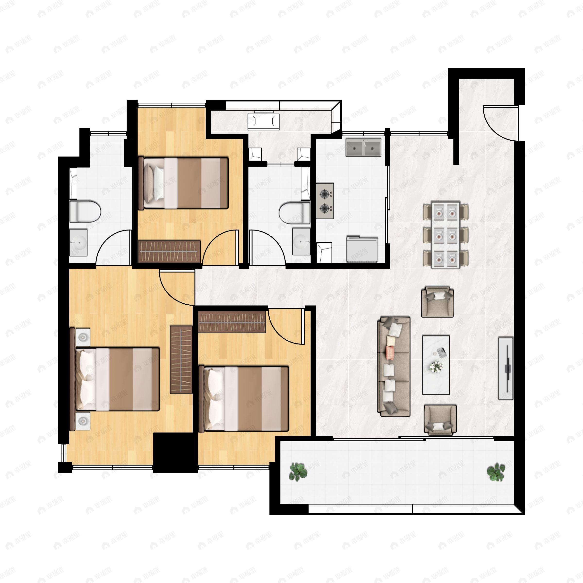 3室2厅2卫建面119m²南户型图