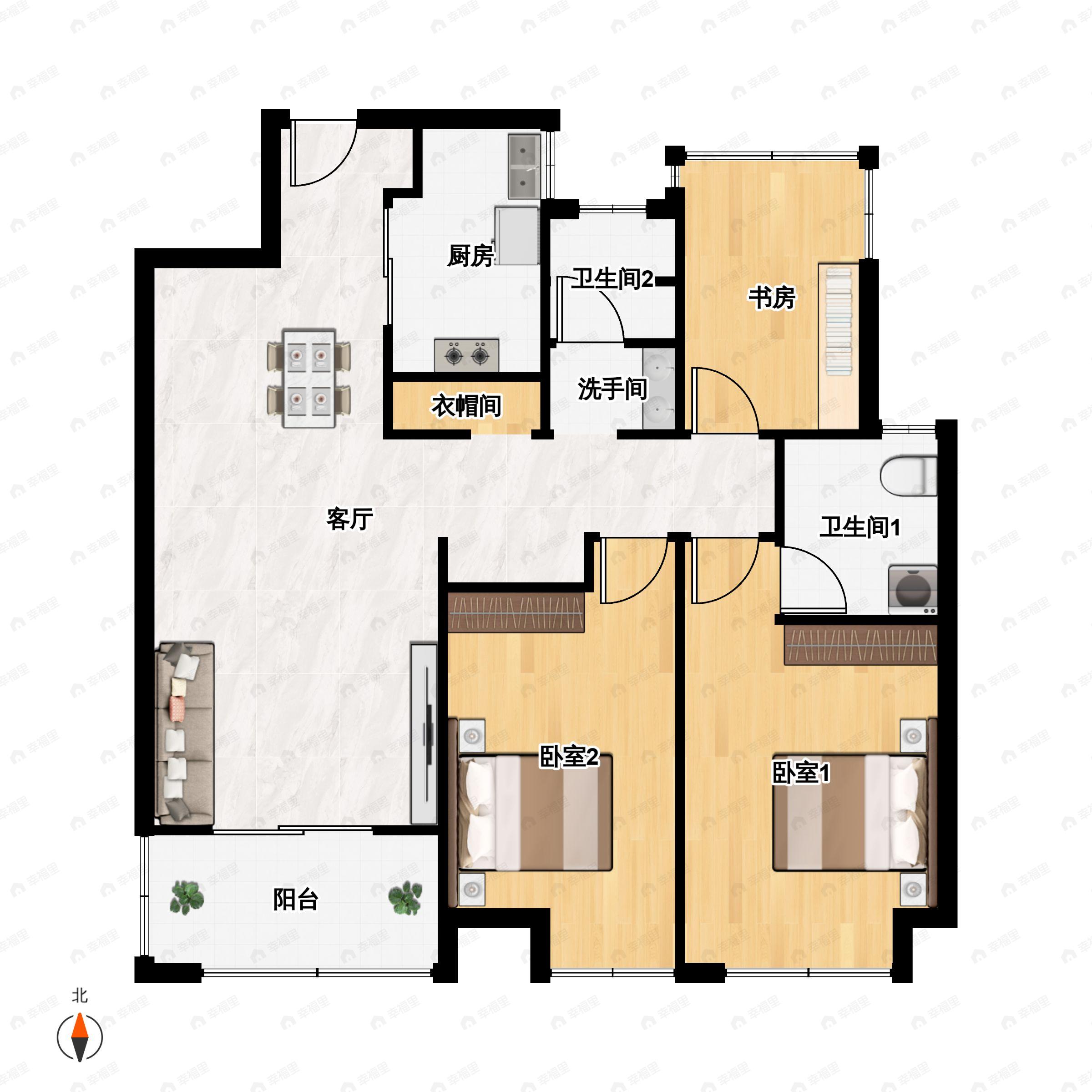 3室2厅2卫建面106平户型图