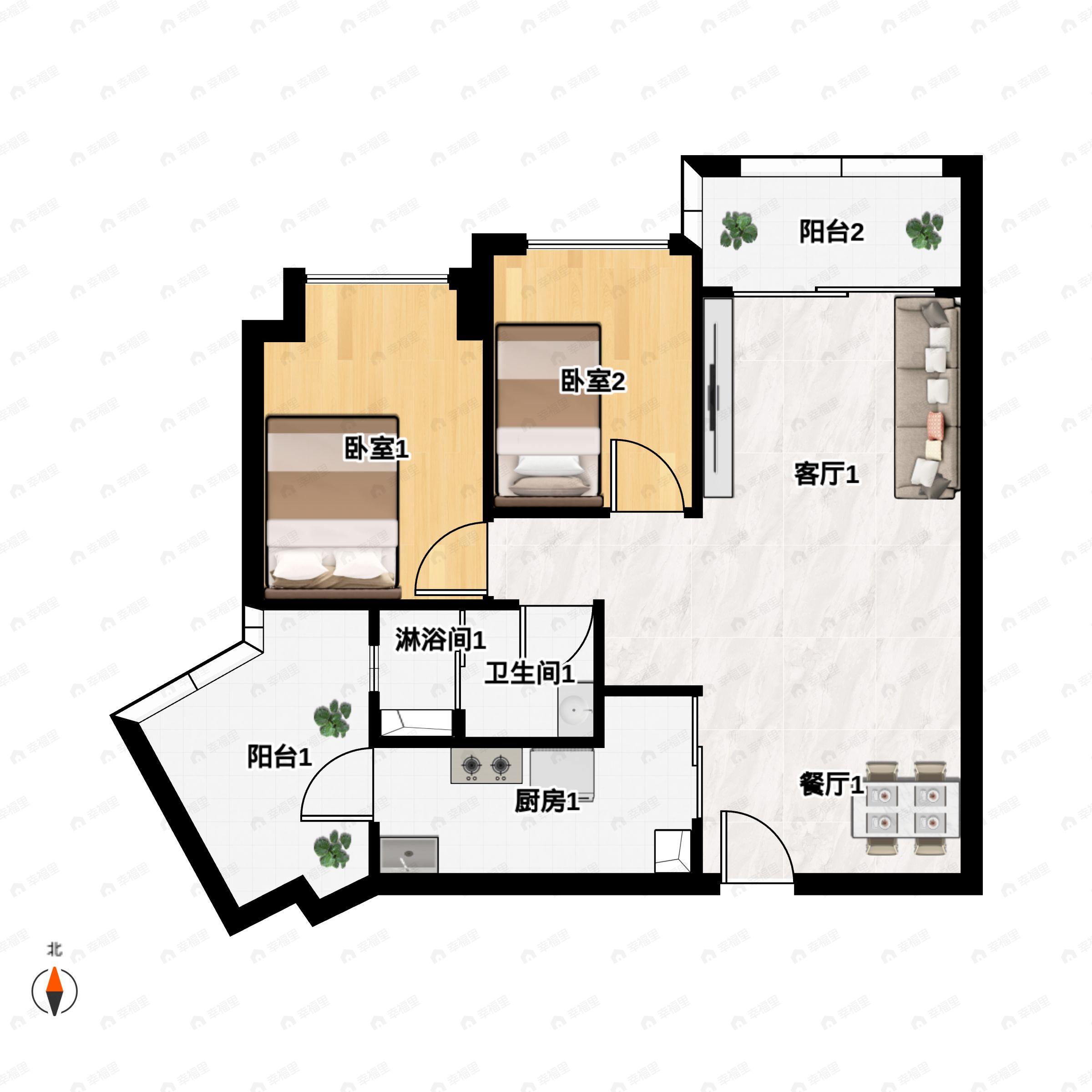 2室2厅1卫建面70平北户型图