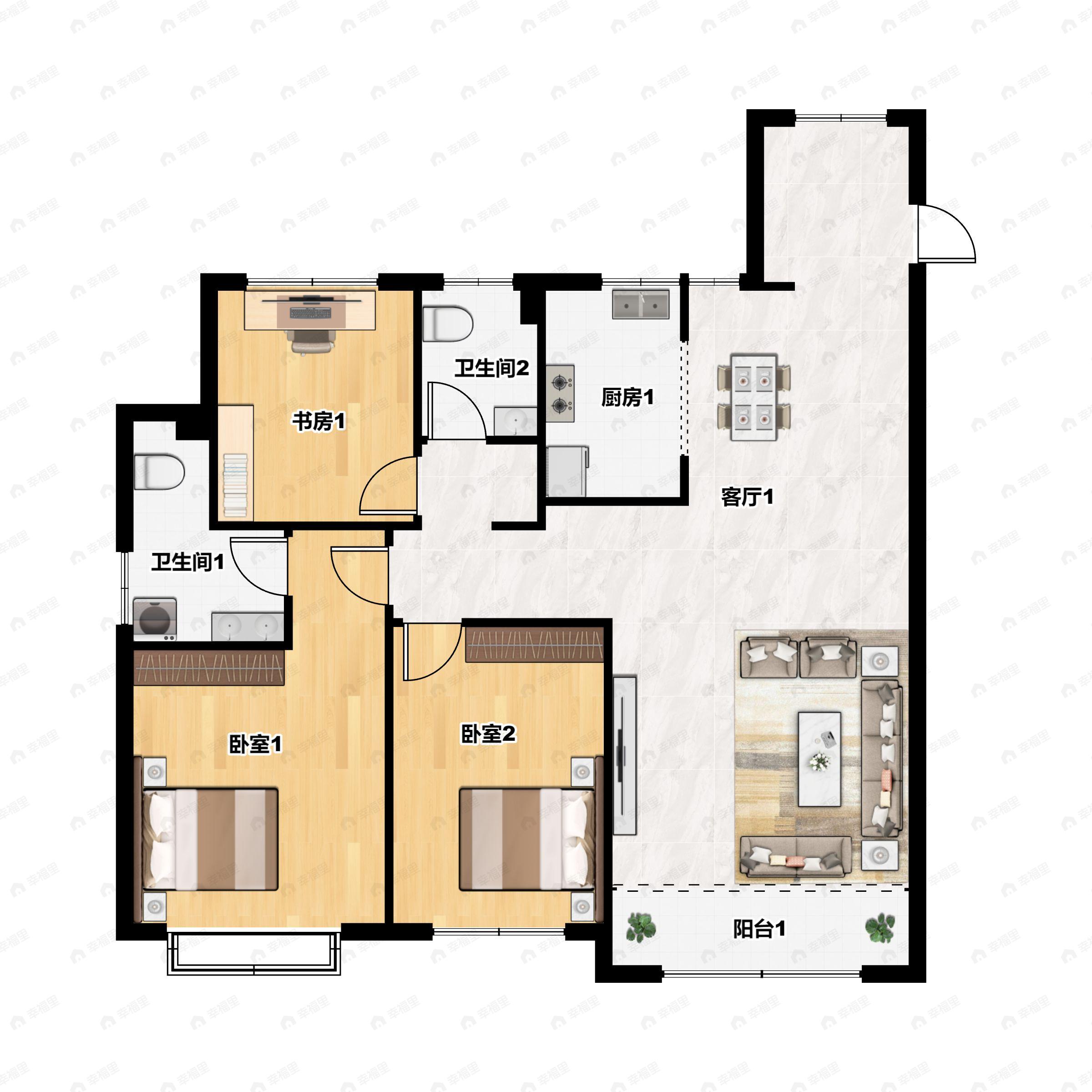 3室2厅2卫建面126m²南|北户型图