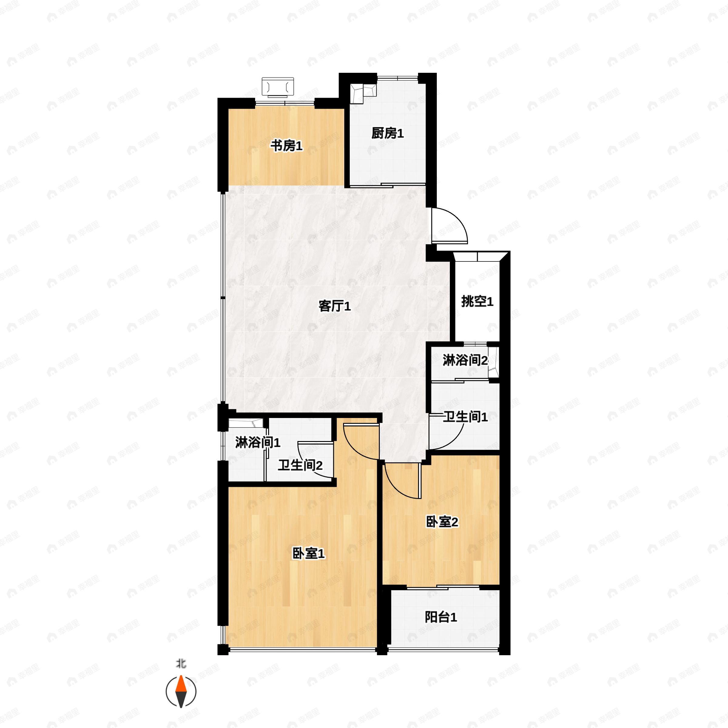 2室2厅2卫建面101m²南户型图