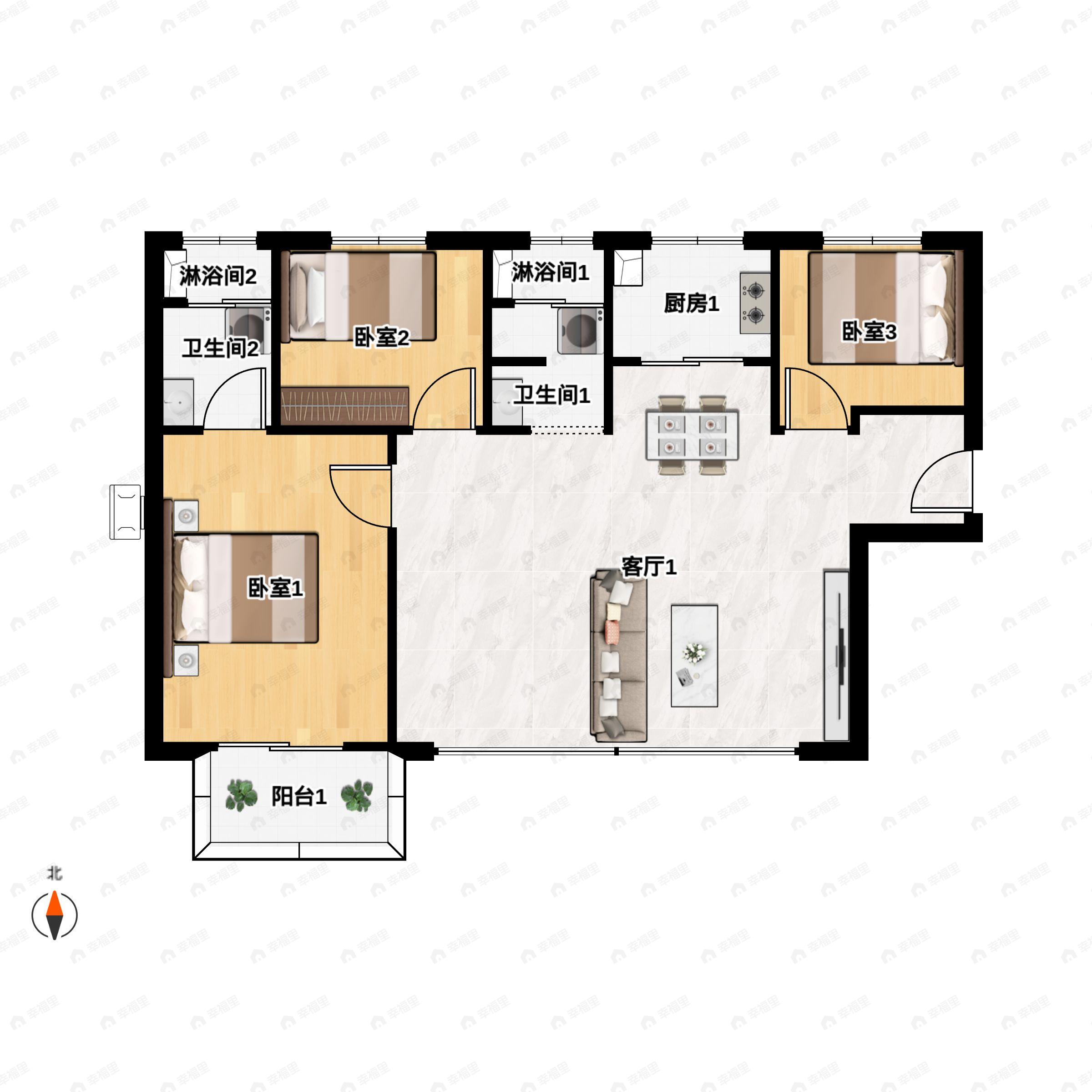 3室2厅2卫建面125m²南|北户型图