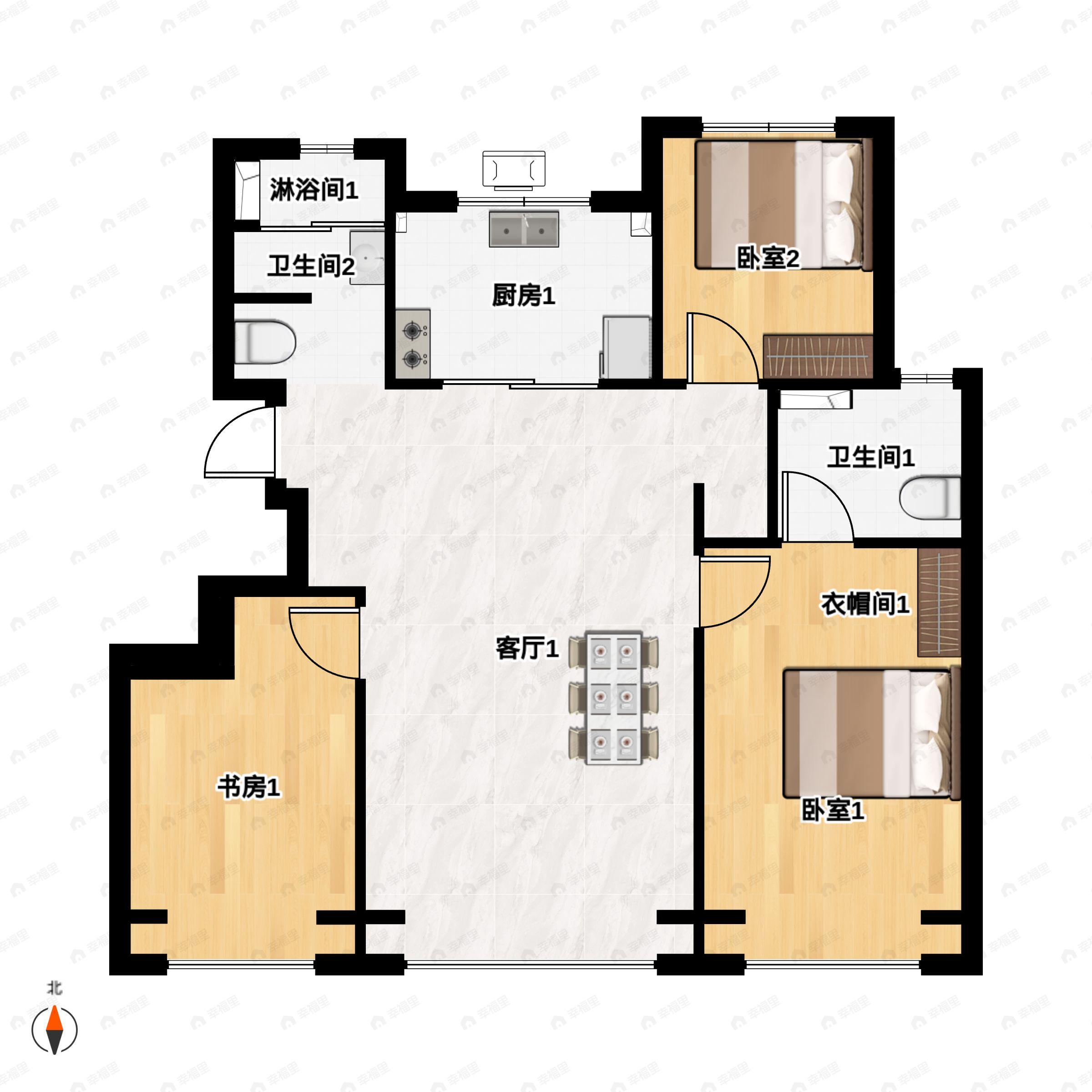 3室2厅2卫建面132平北|南户型图