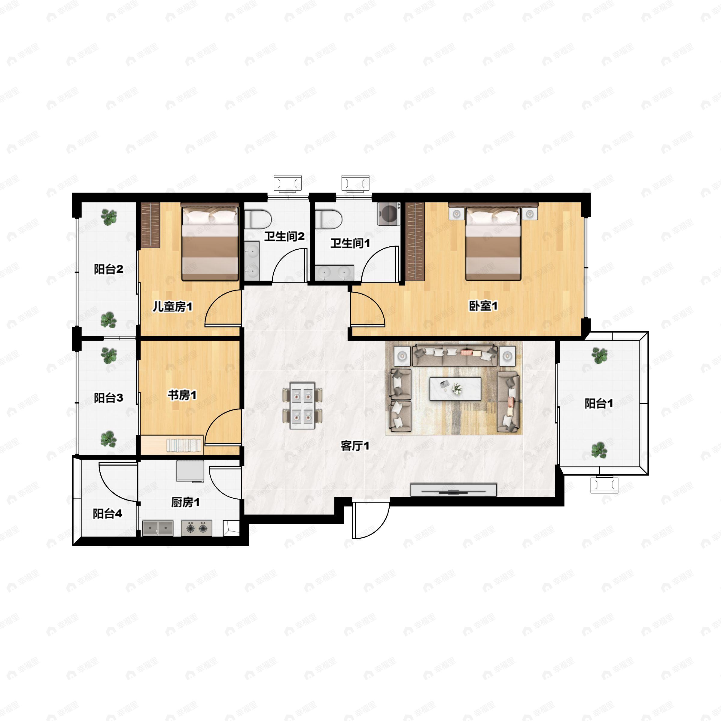 3室2厅2卫建面92平户型图