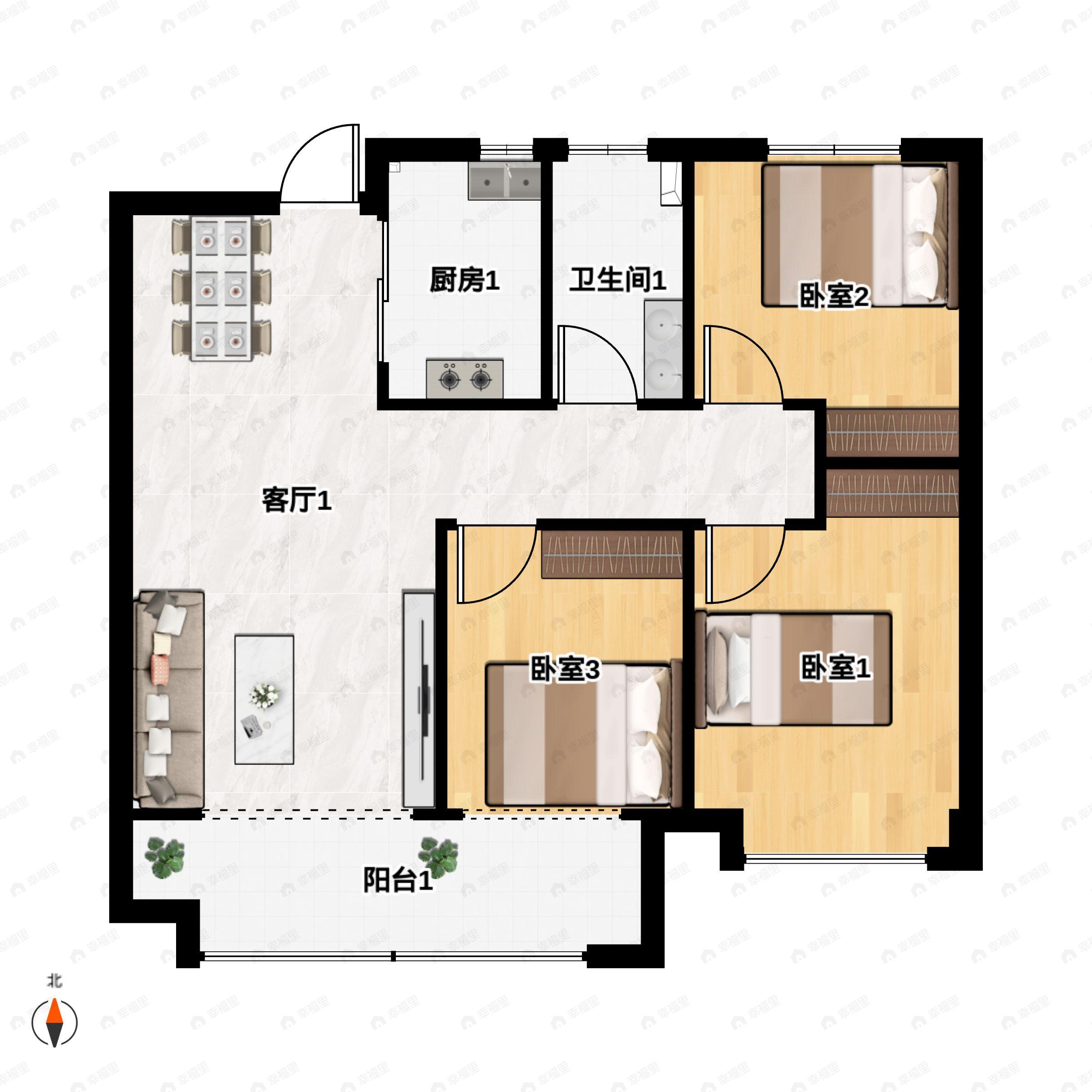3室2厅1卫建面106m²北|南户型图