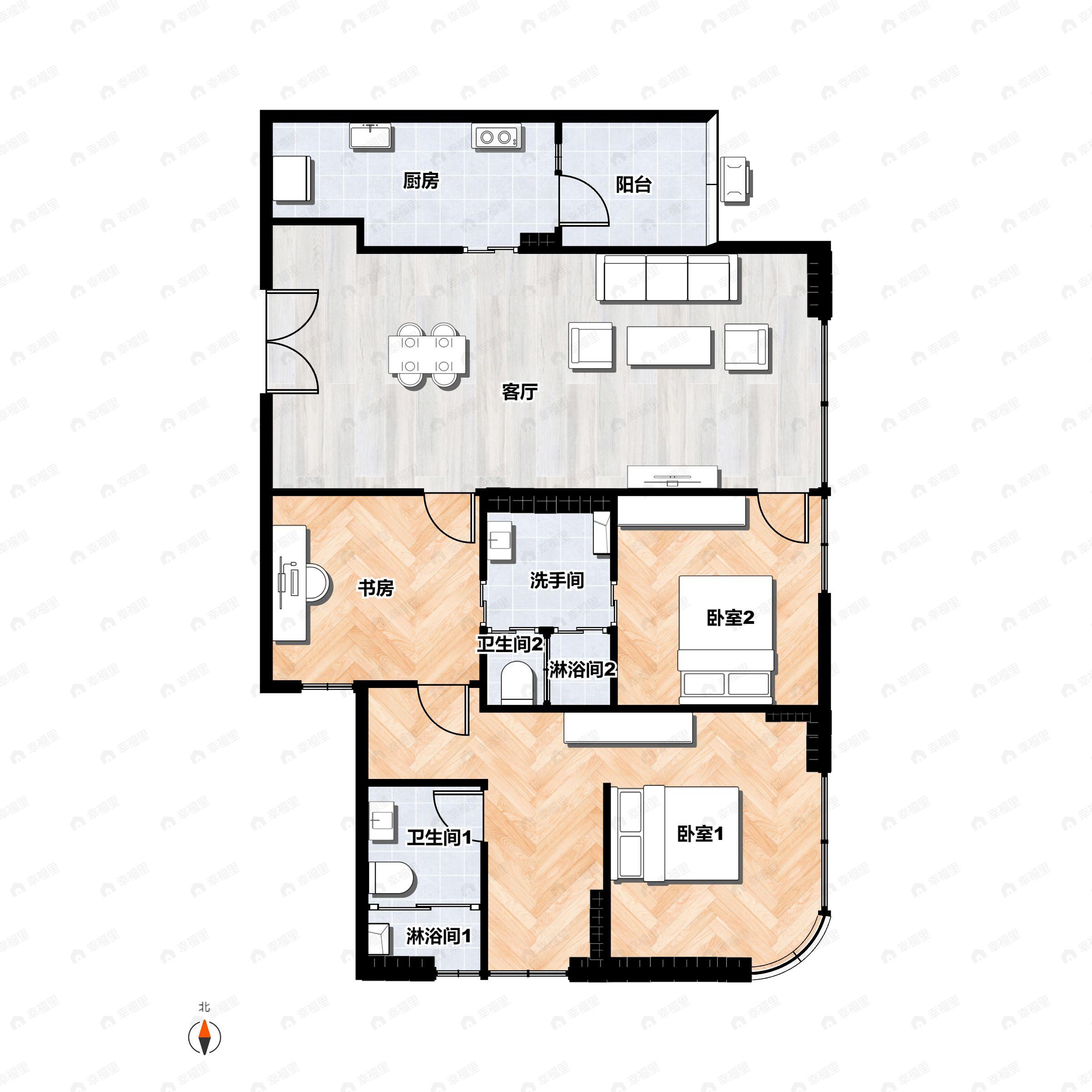 3室2厅2卫建面156平东|东南户型图