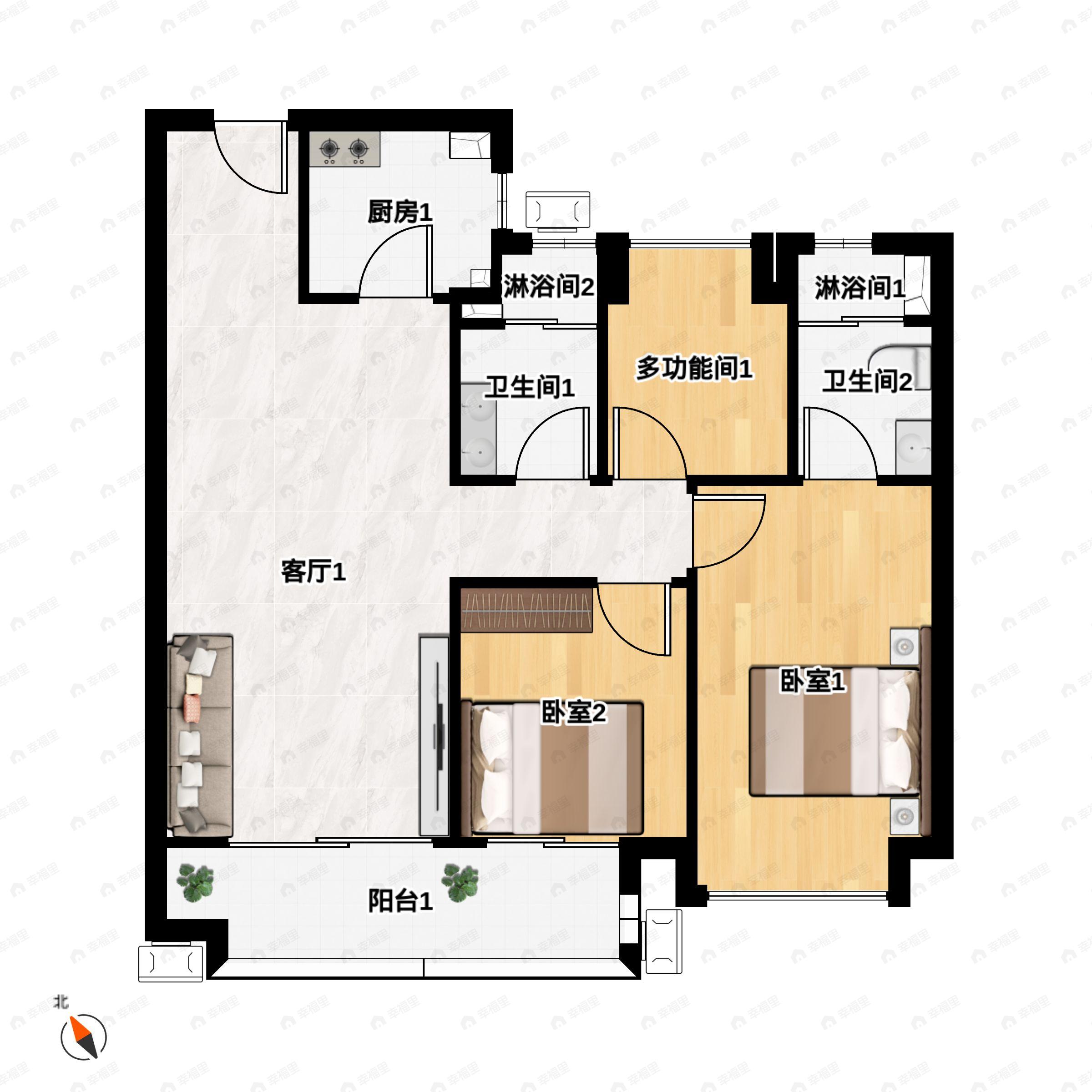 3室2厅2卫建面96m²南|北户型图