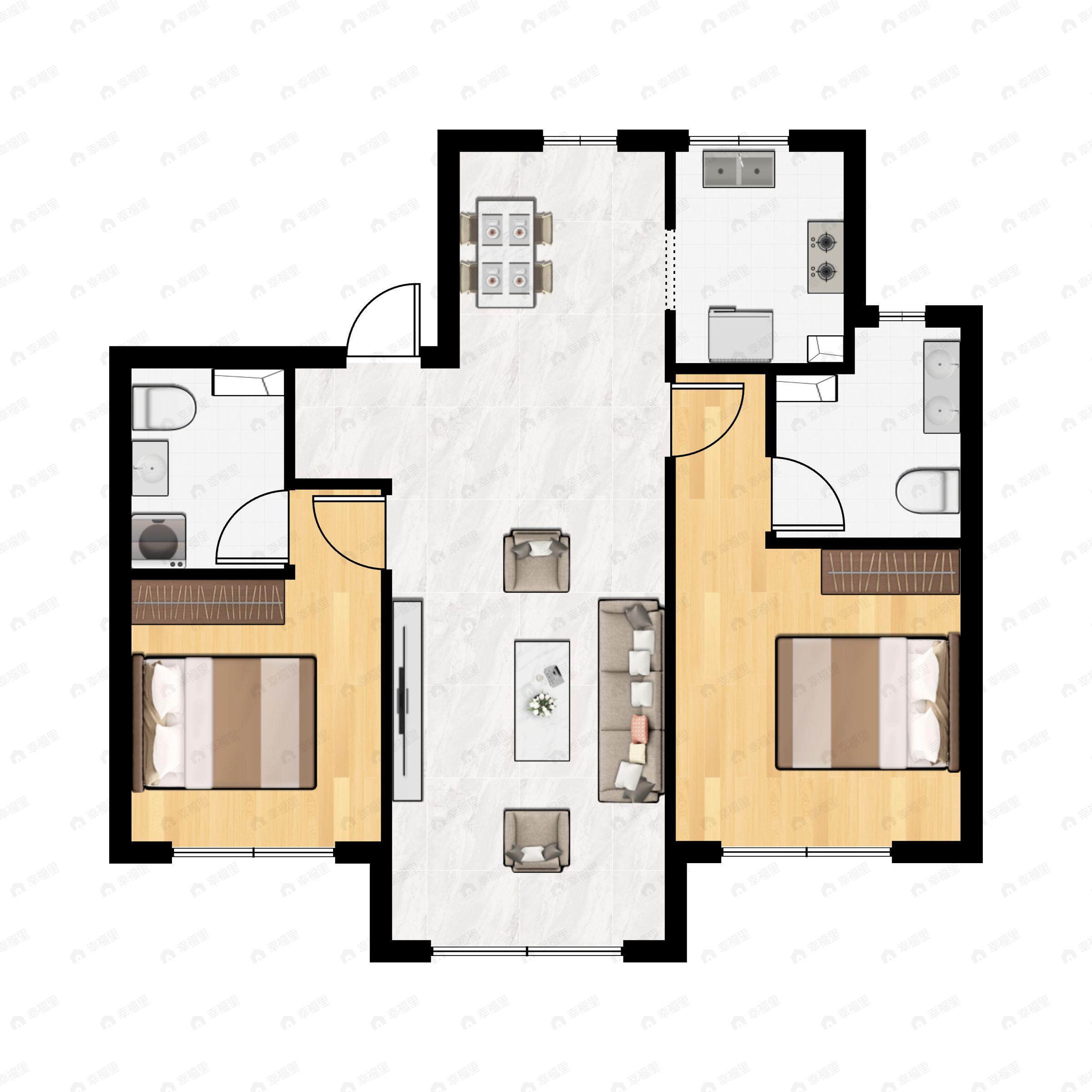 2室2厅2卫建面98m²东南户型图