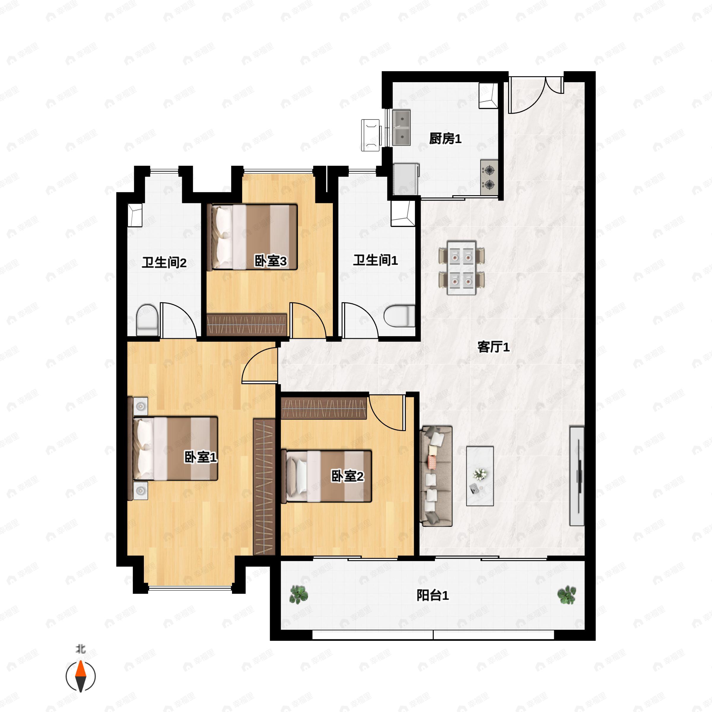 3室2厅2卫建面122平户型图