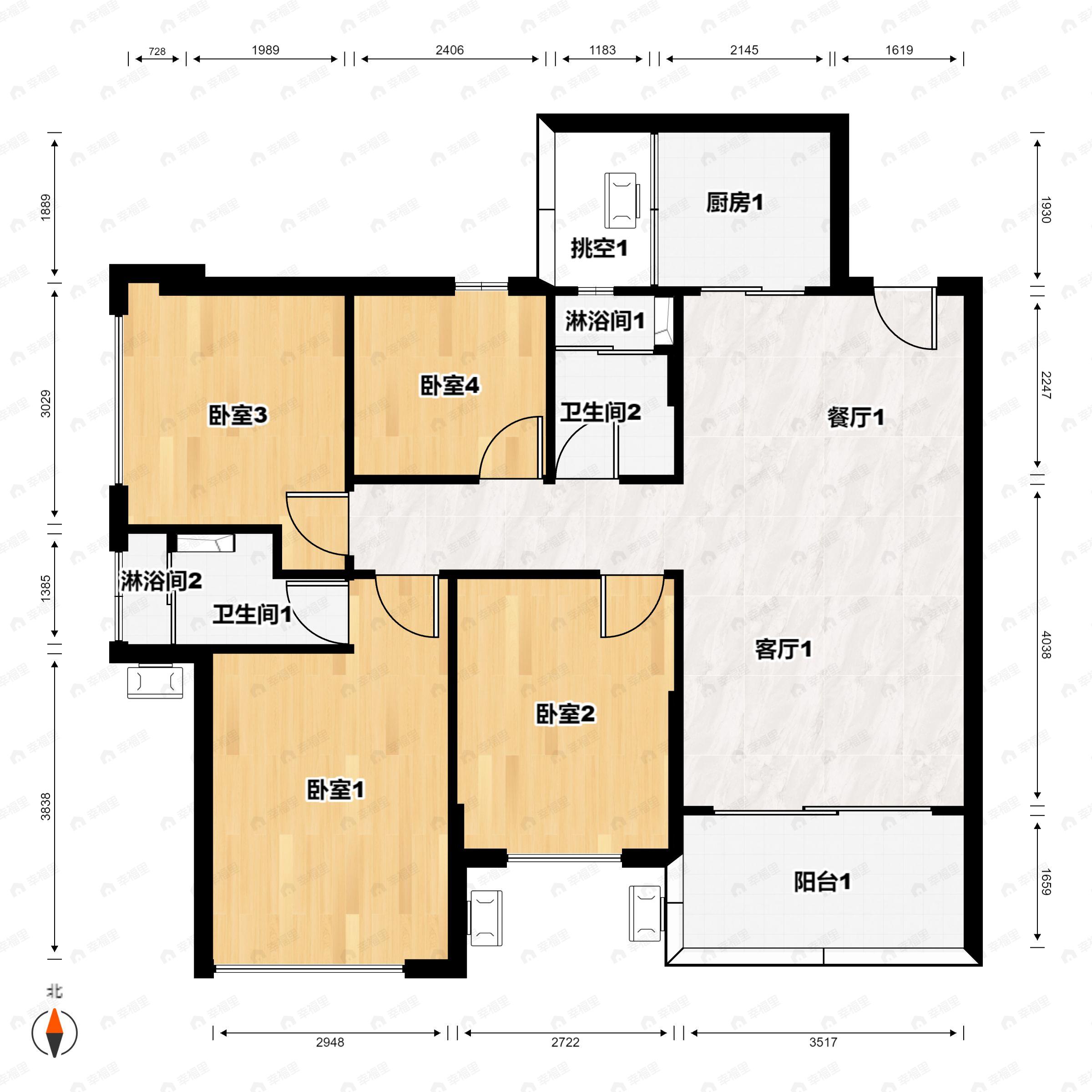 4室2厅2卫建面109平南户型图