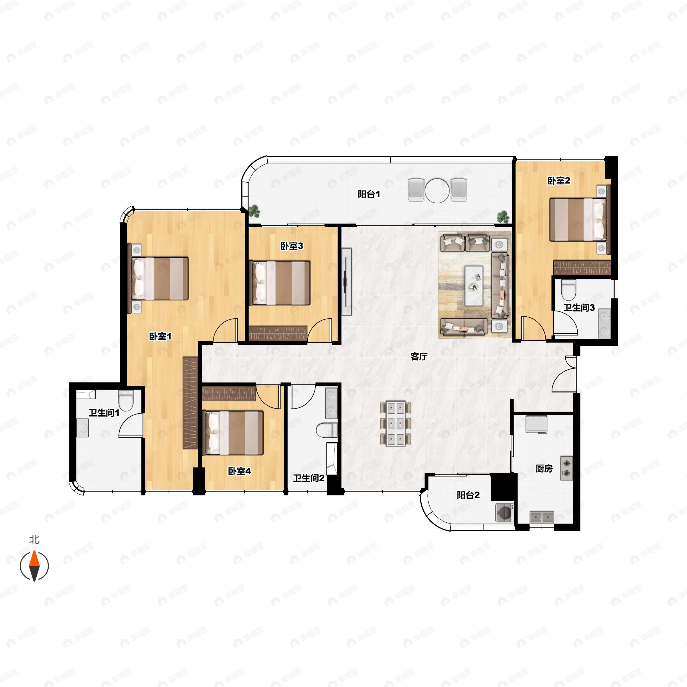4室2厅3卫建面180平南户型图