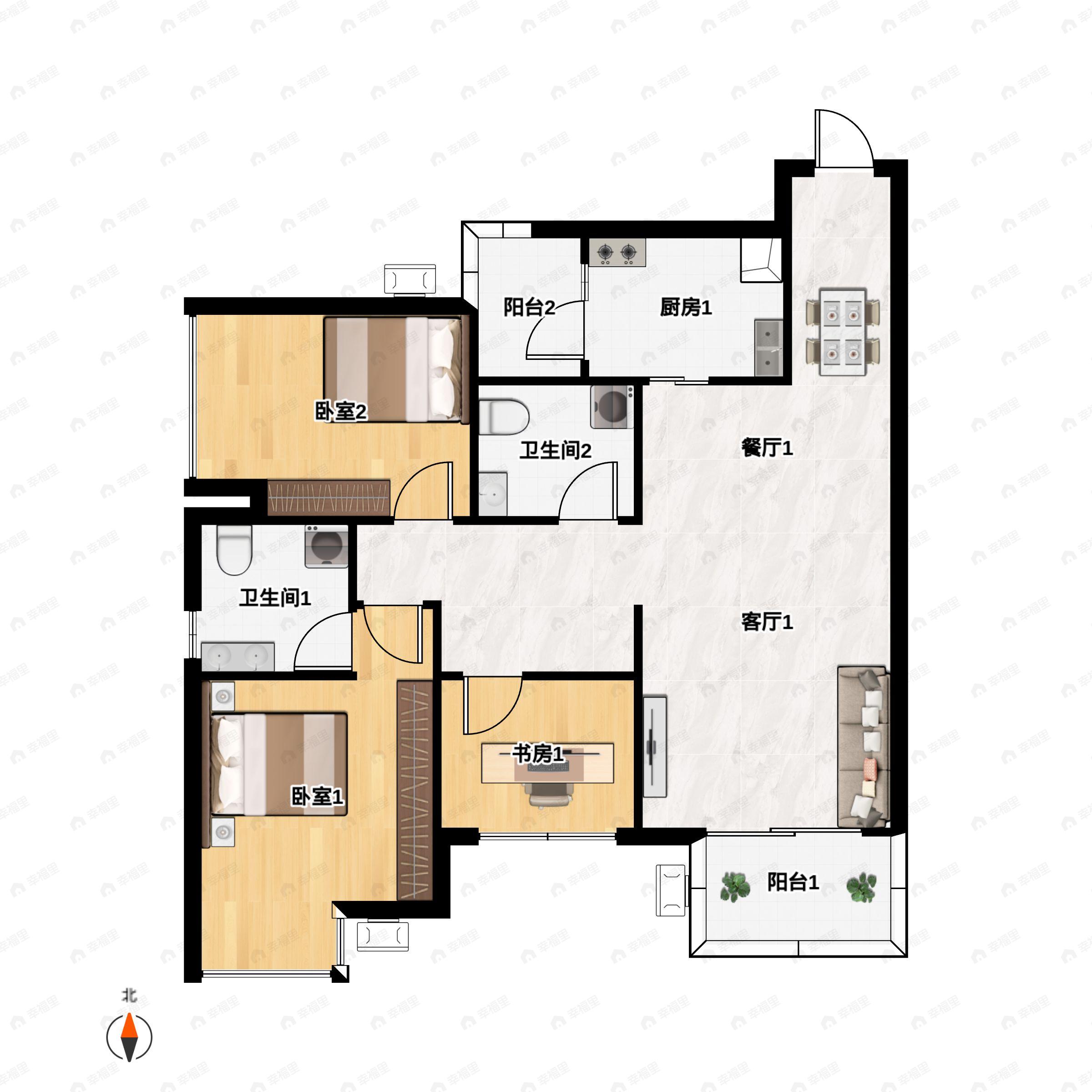 2室2厅2卫建面93平户型图