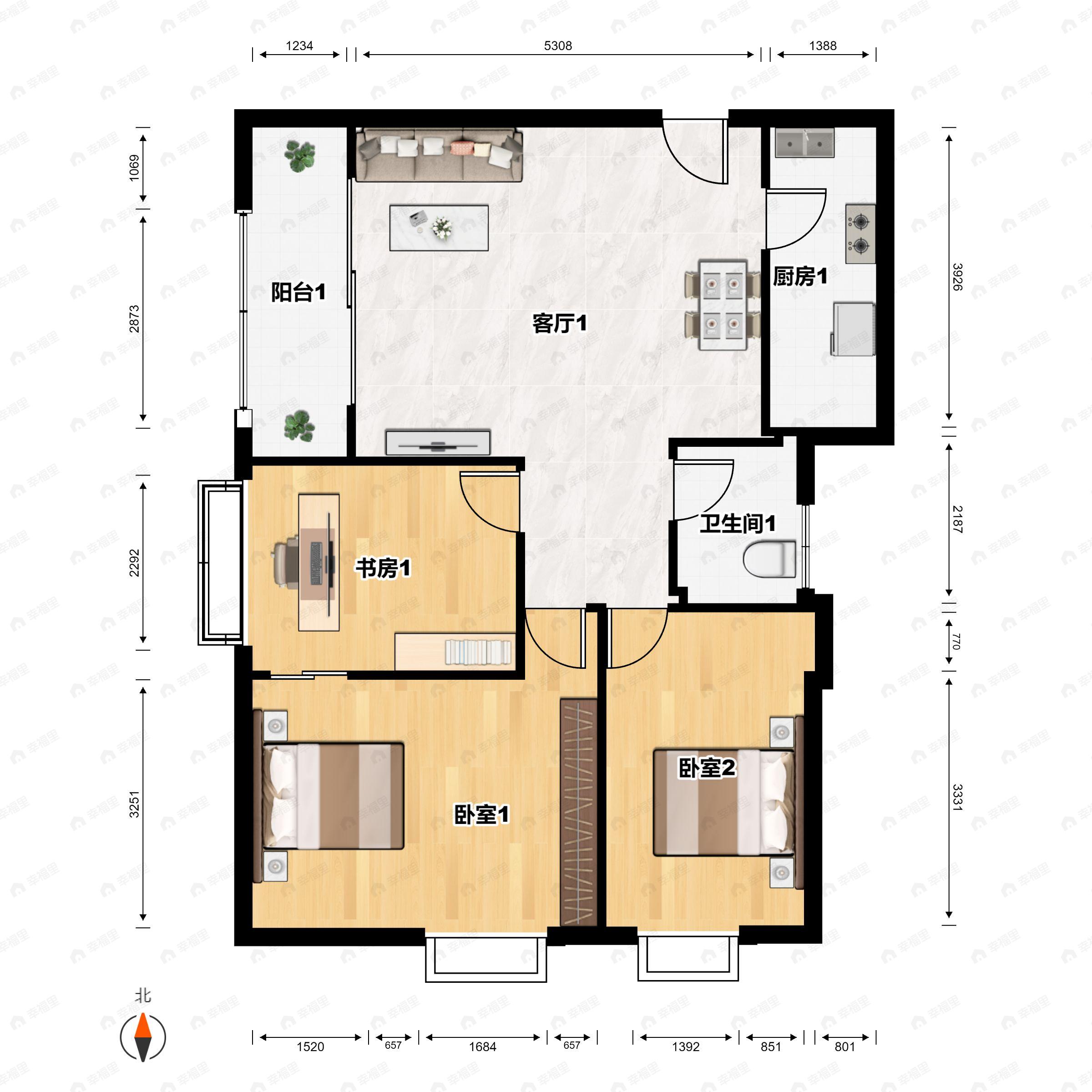 3室2厅1卫建面99平南户型图