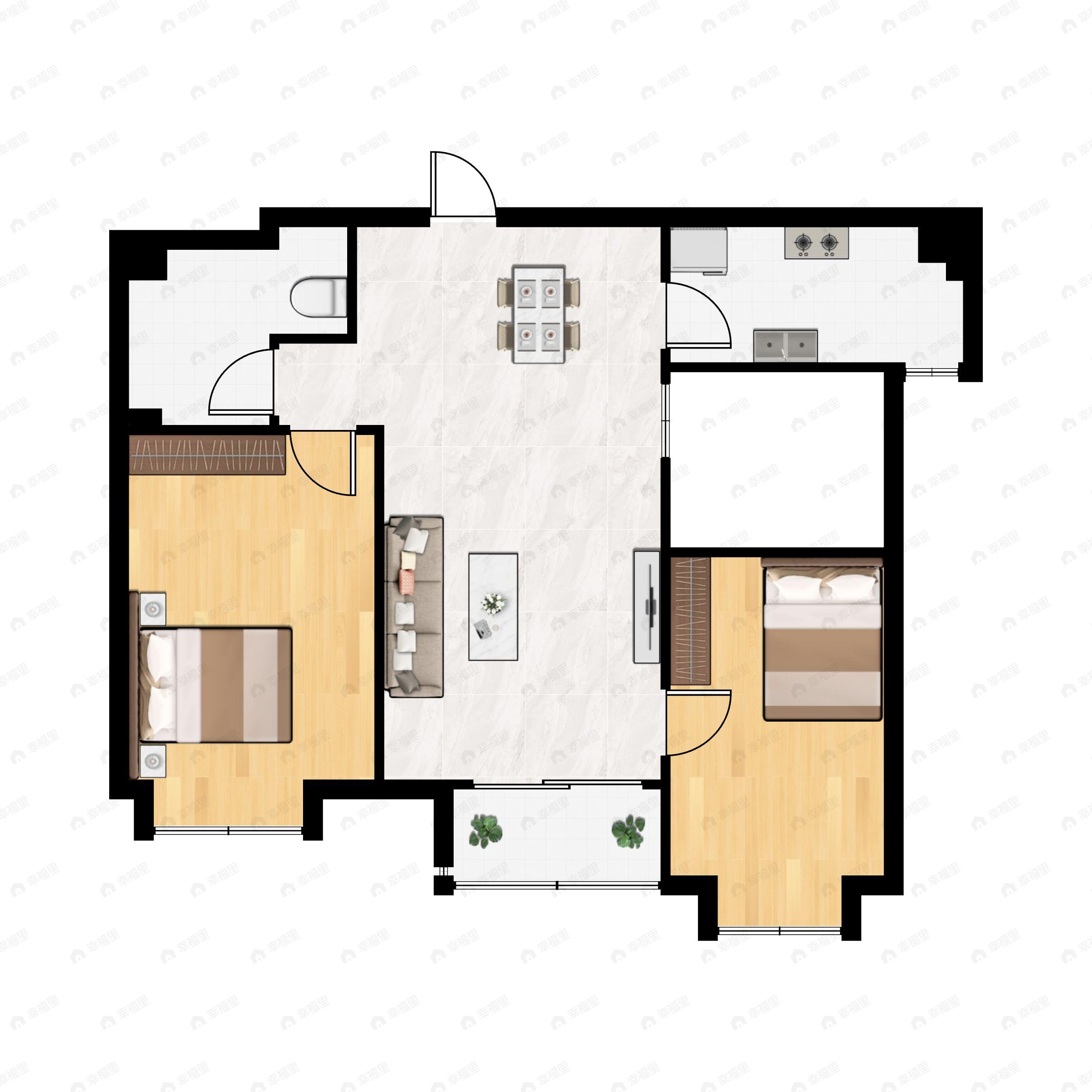 2室2厅1卫建面85m²北|南户型图