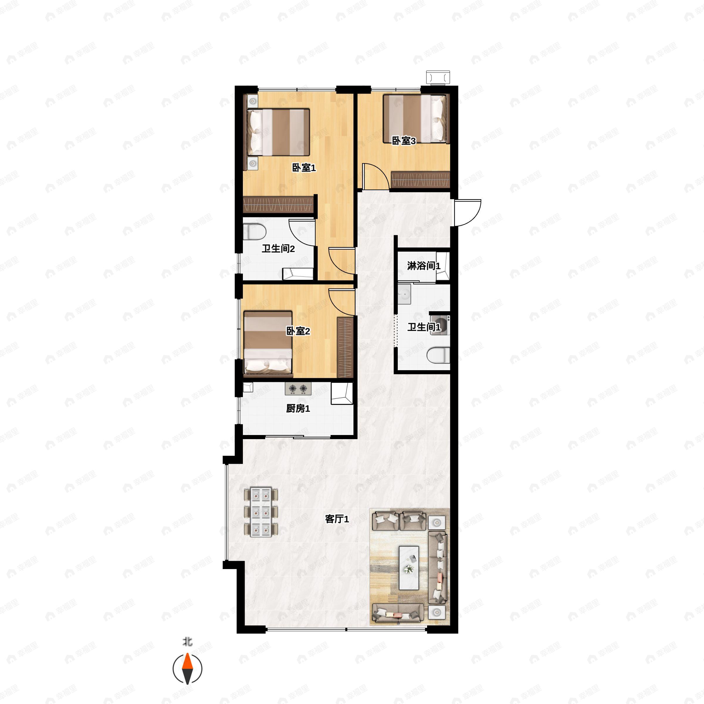 3室2厅2卫建面135m²南|北户型图