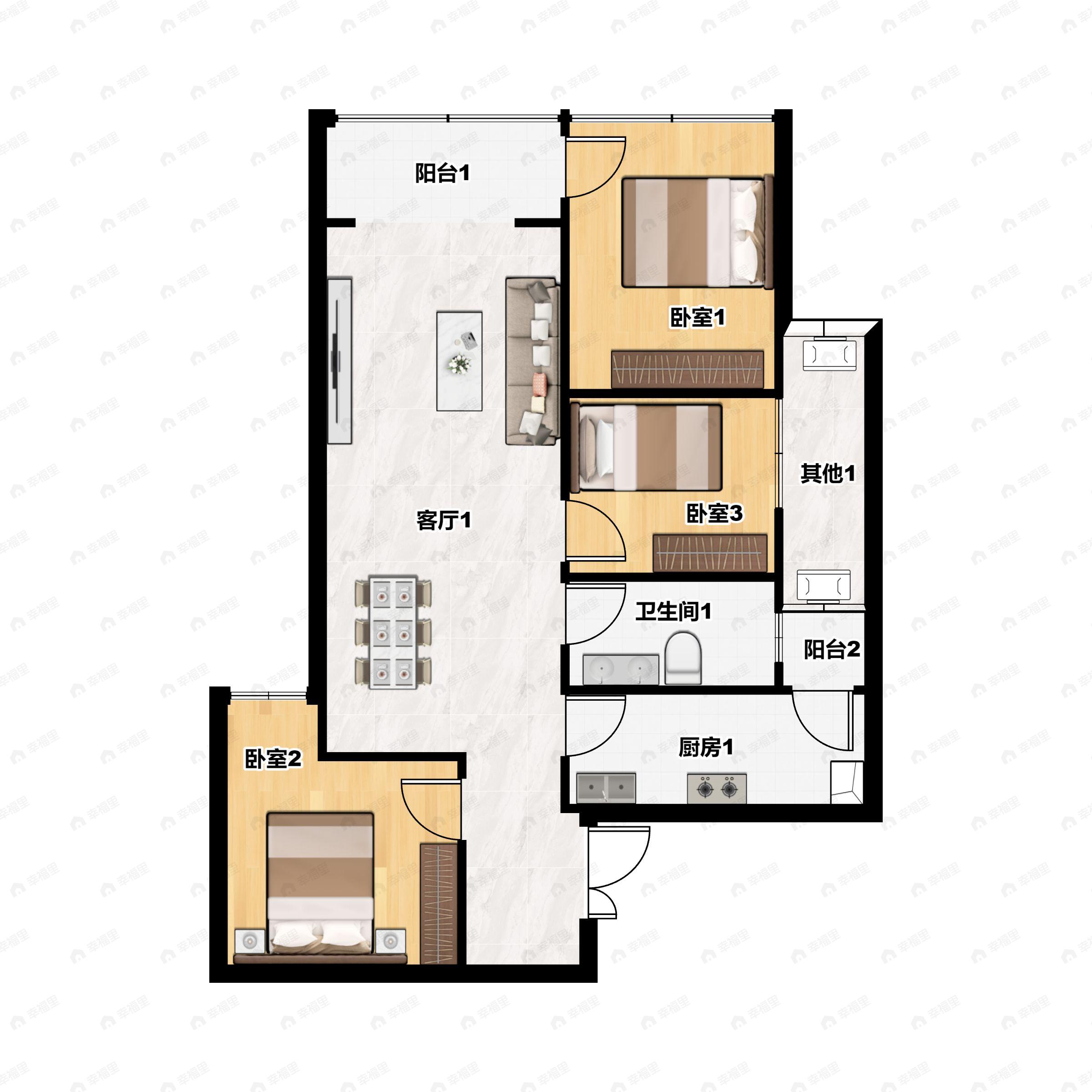 2室2厅1卫建面74m²南户型图