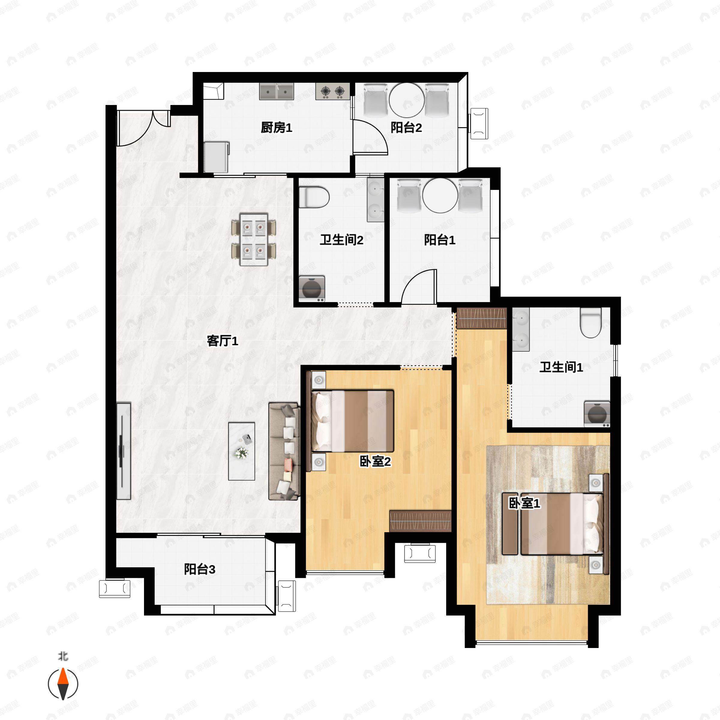 2室2厅2卫建面103m²南户型图