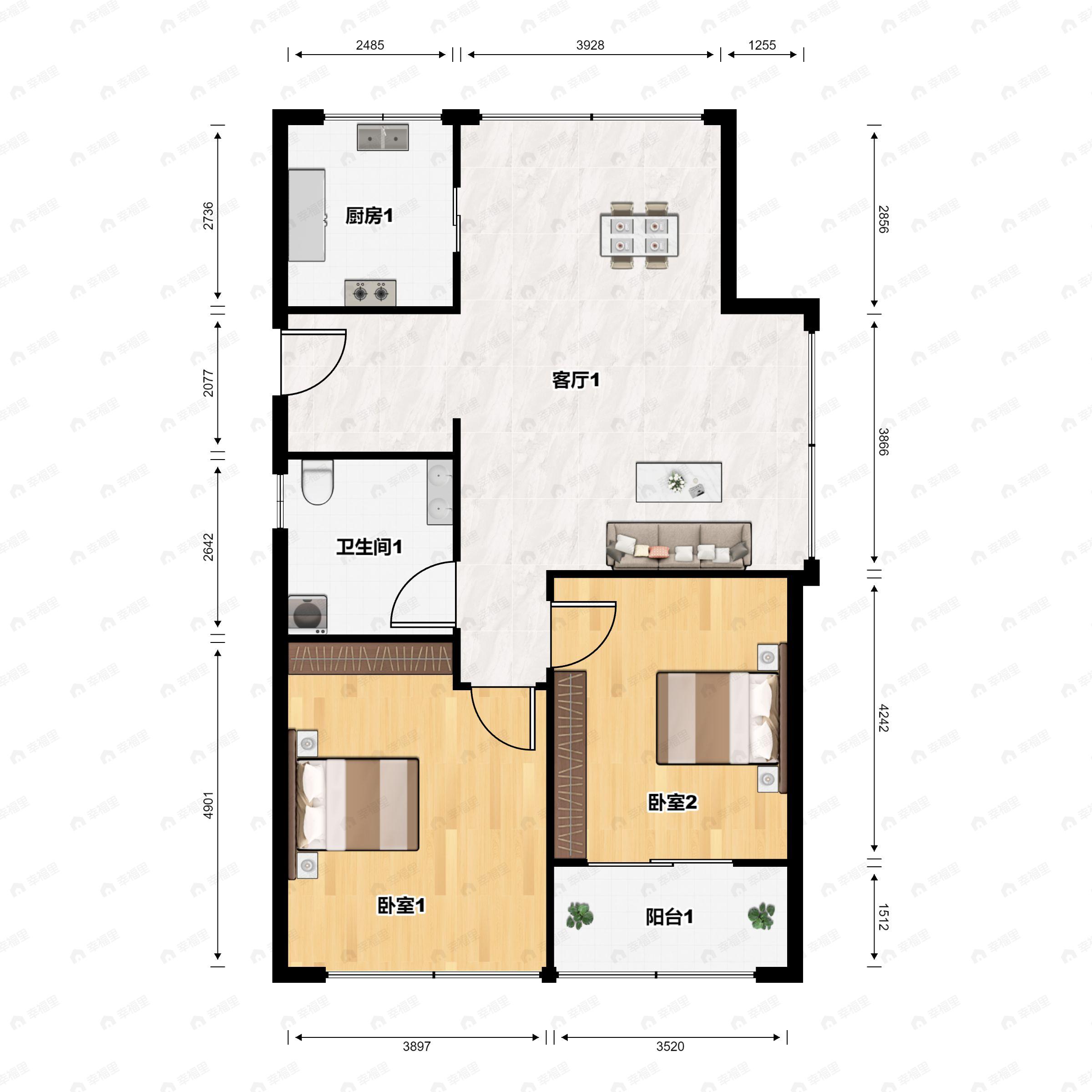 2室2厅1卫建面75平户型图