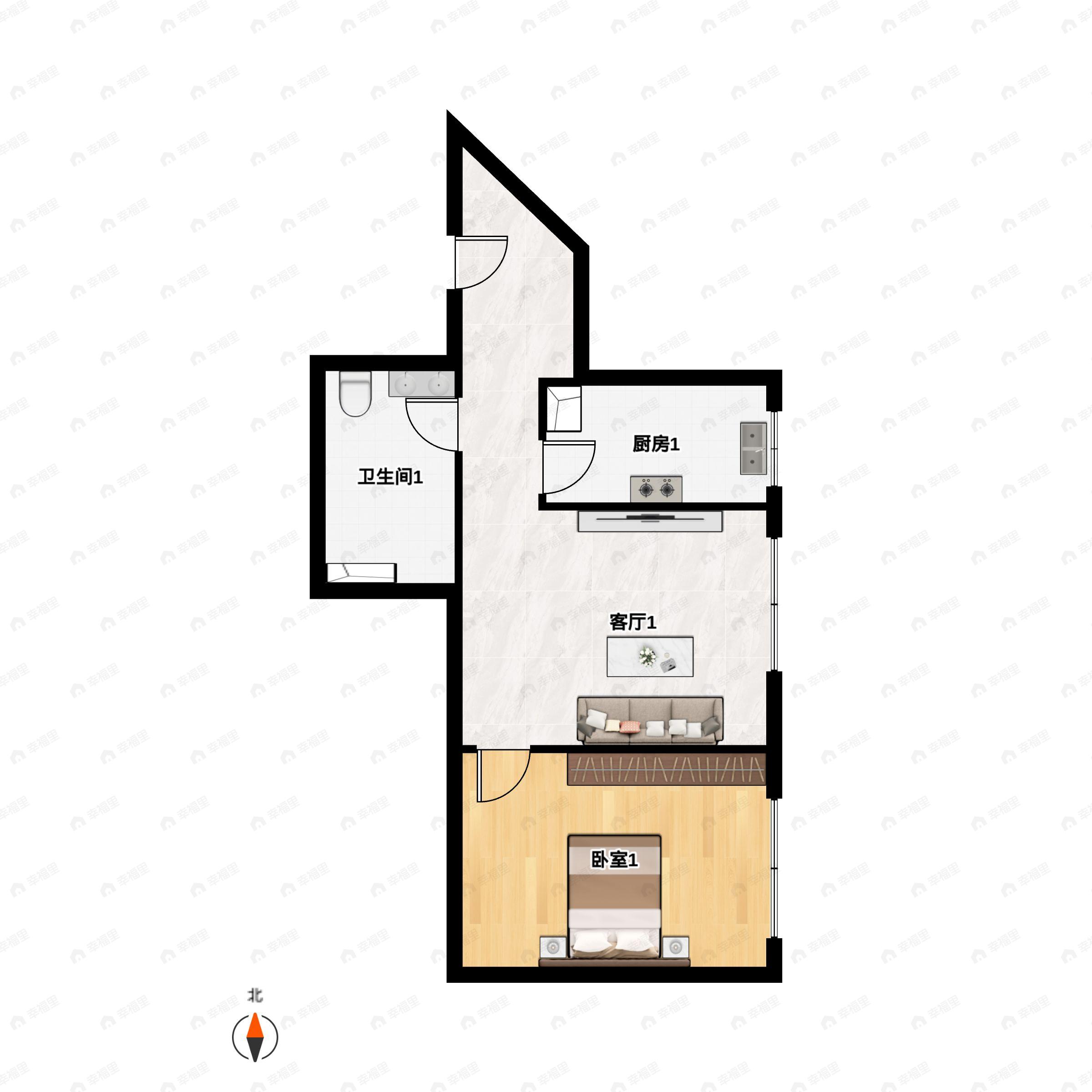 1室1厅1卫建面62平户型图