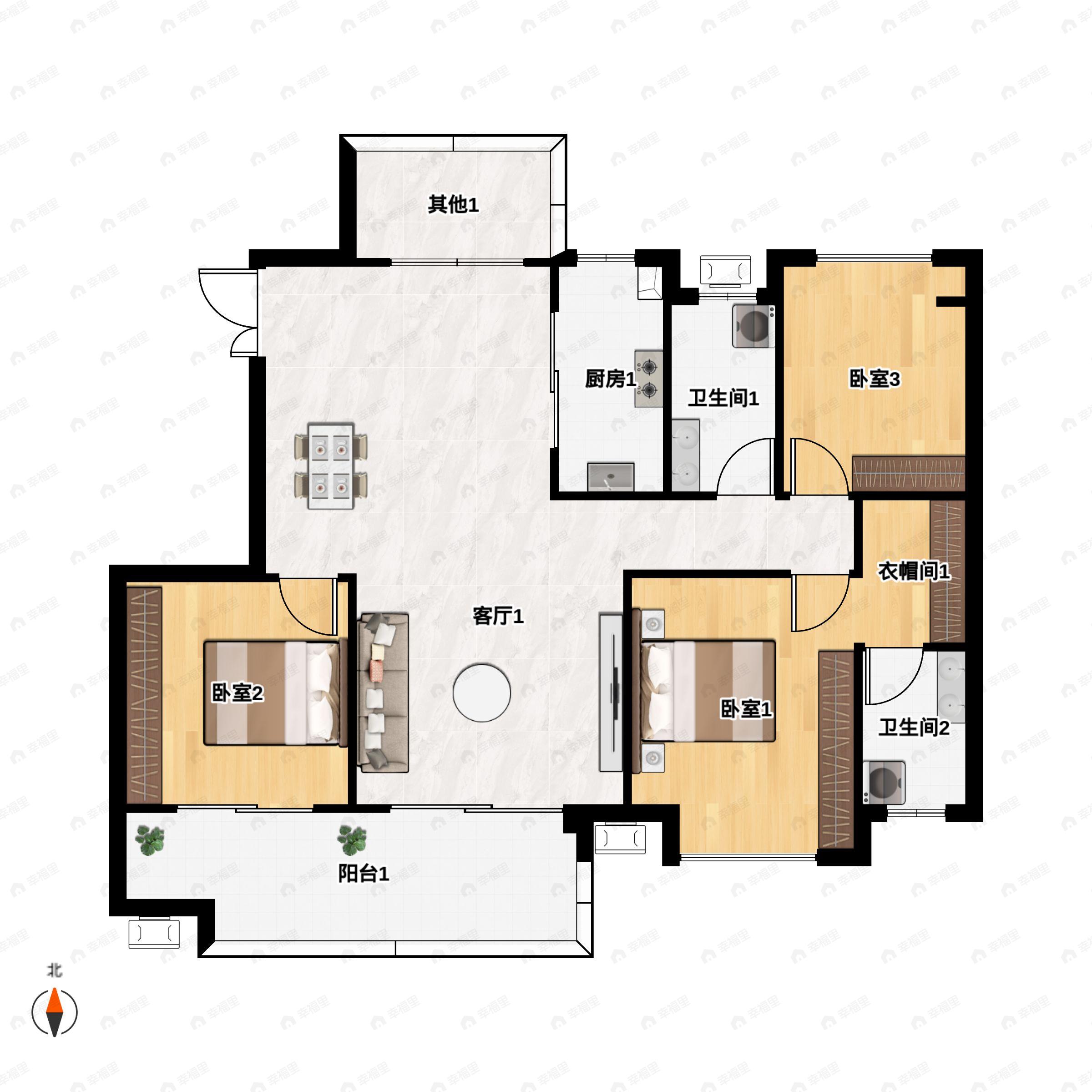 3室2厅2卫建面130m²南户型图