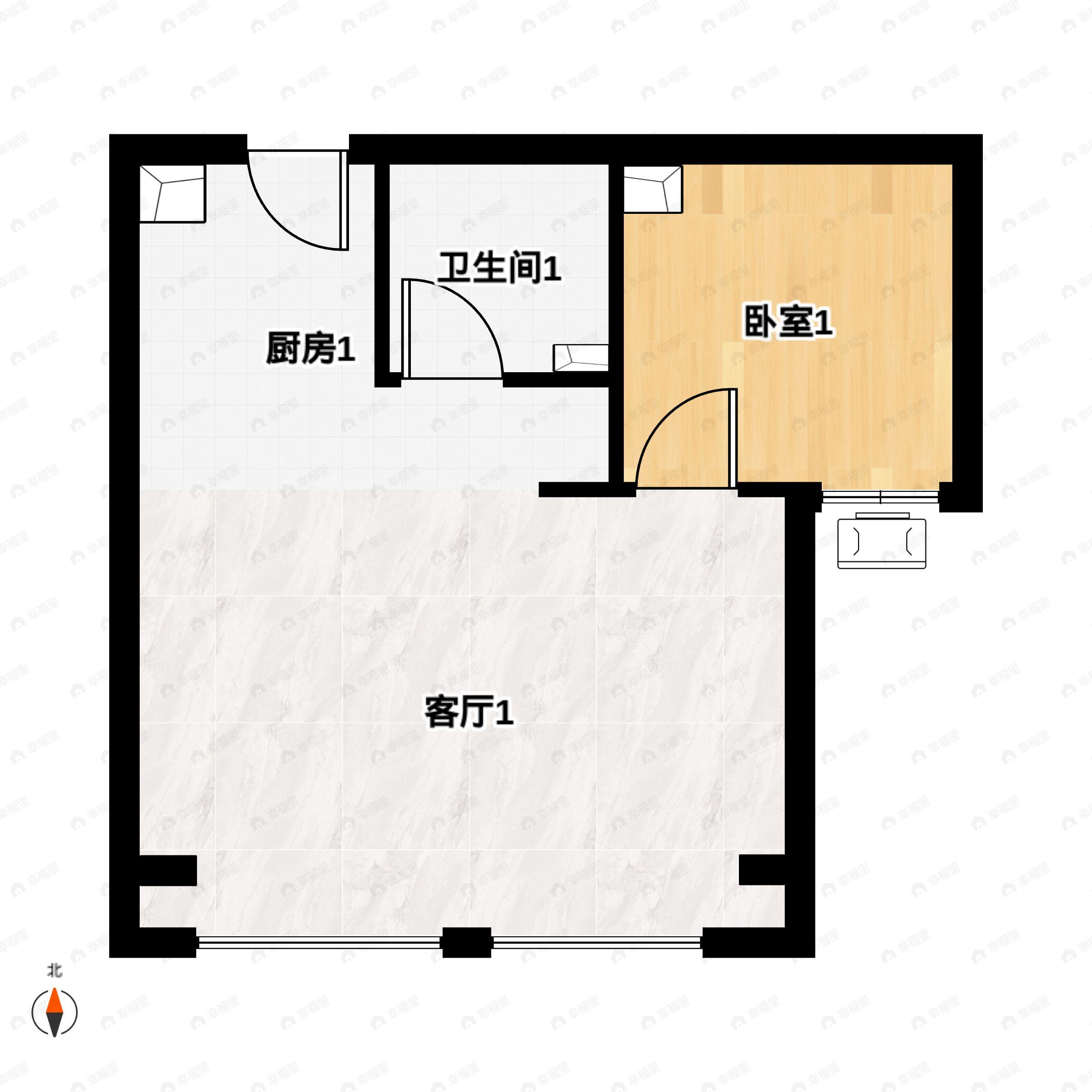 1室2厅1卫建面56m²南户型图
