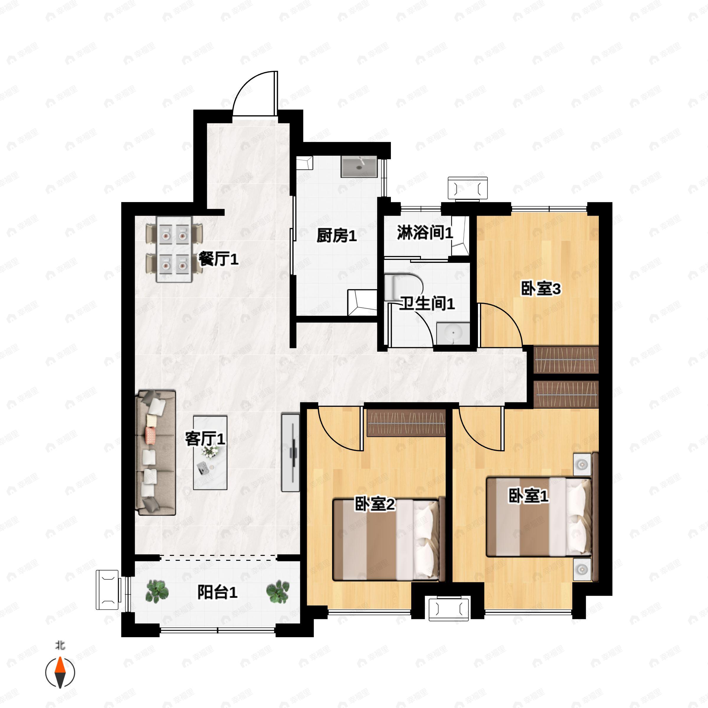 3室2厅1卫建面103m²南|北户型图