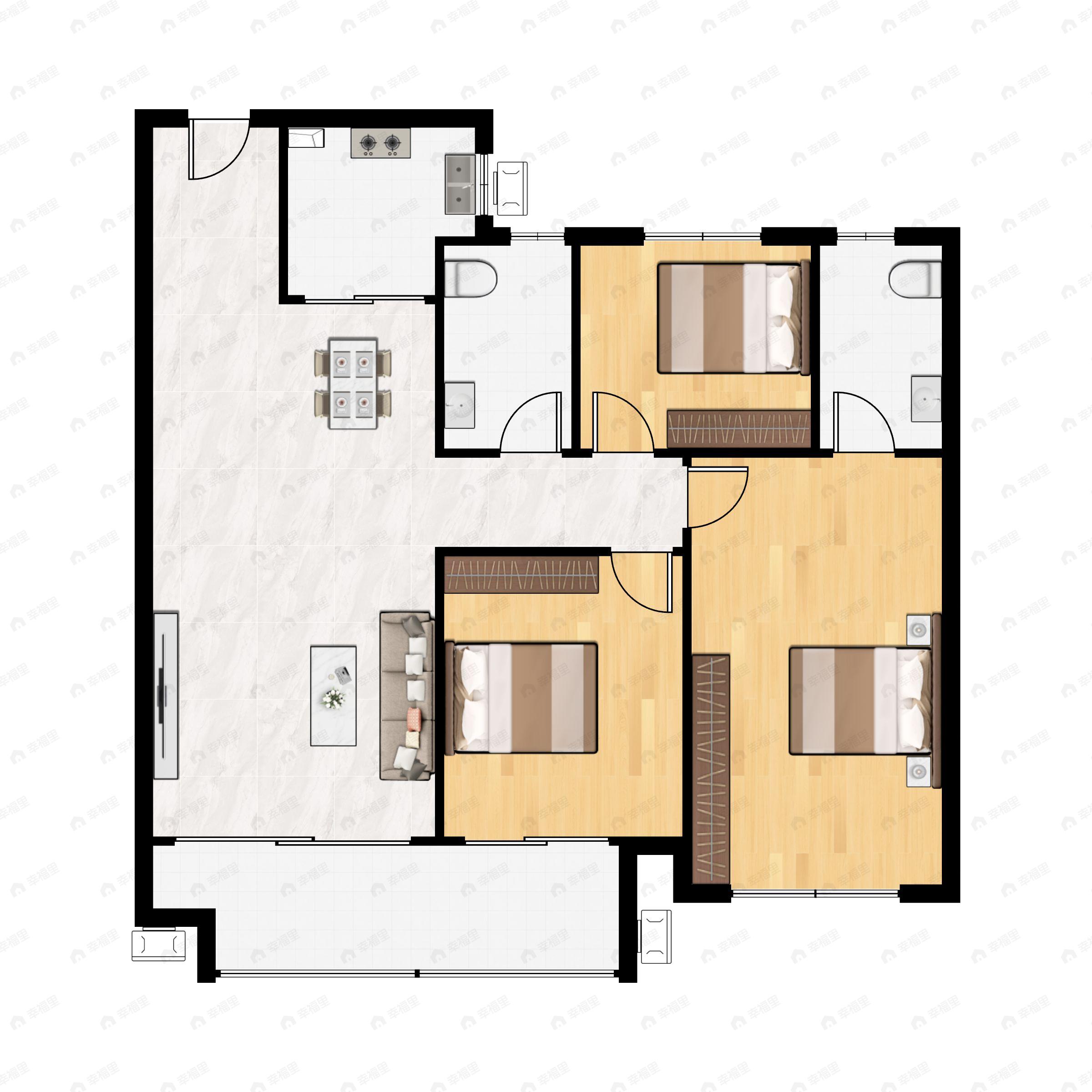 3室2厅2卫建面118m²南|北户型图