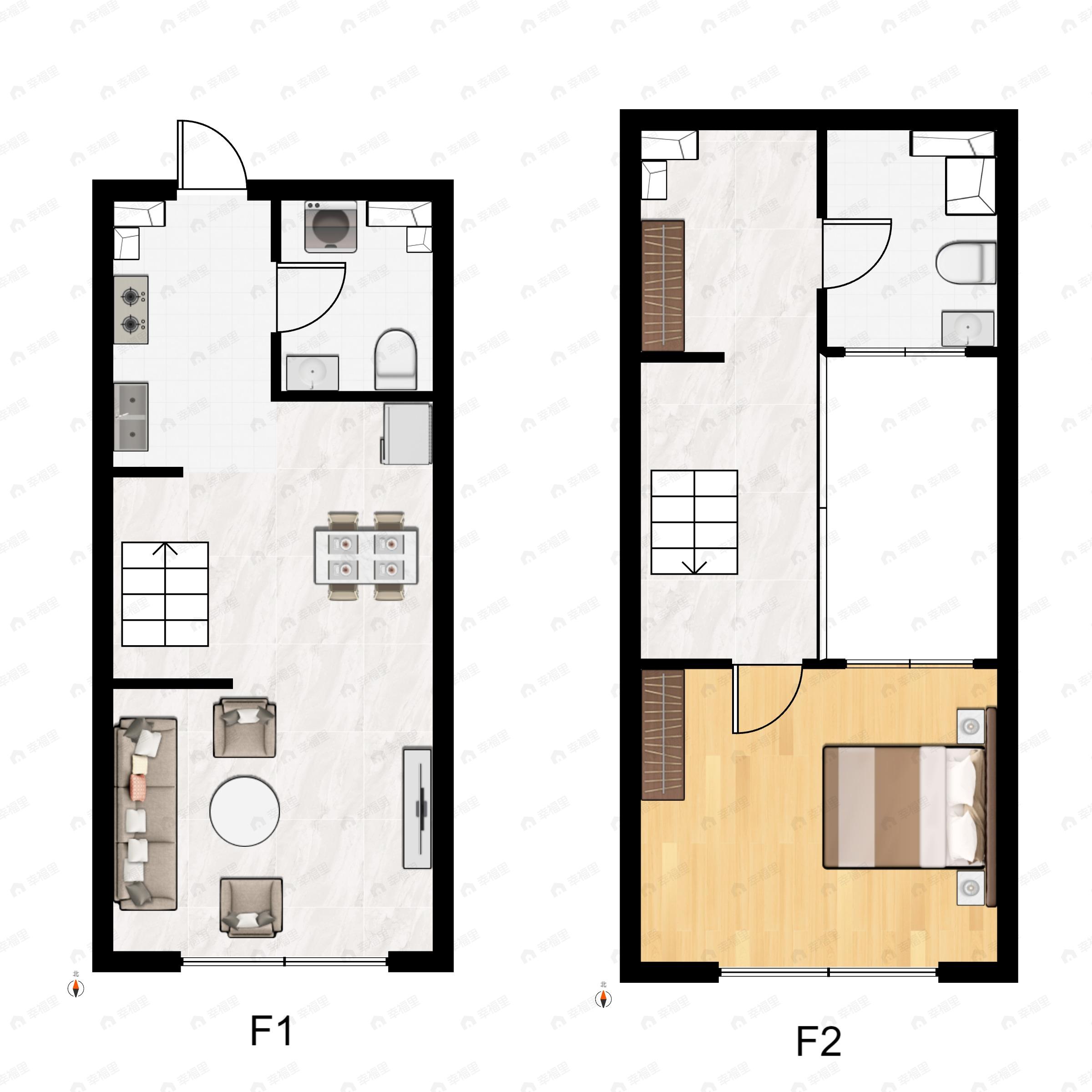 1室2厅2卫建面45平户型图